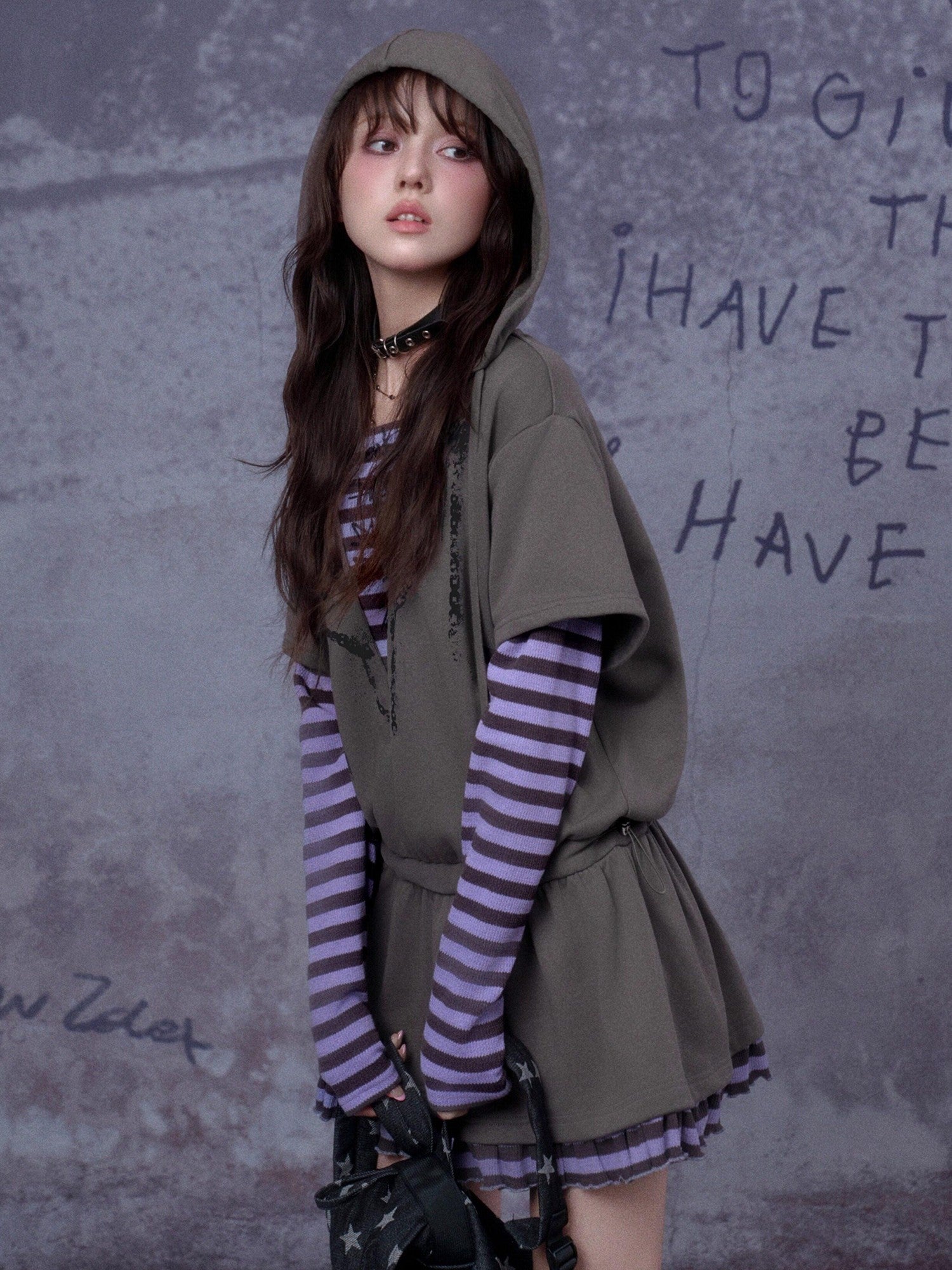 SagiDolls Grey Hooded Printed Faux Layered Women's Cotton Blend Casual Mini Dresses