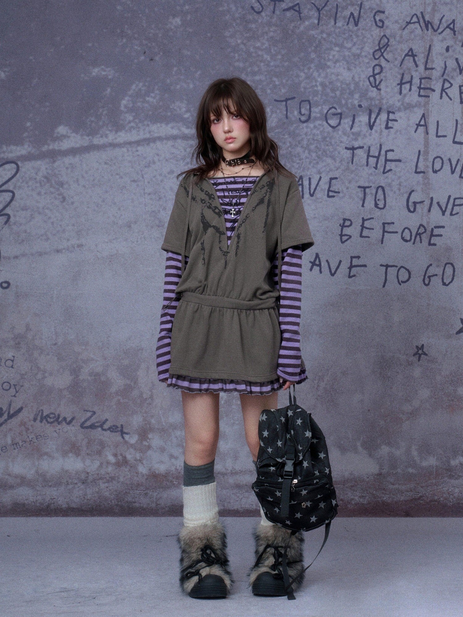 SagiDolls Grey Hooded Printed Faux Layered Women's Cotton Blend Casual Mini Dresses