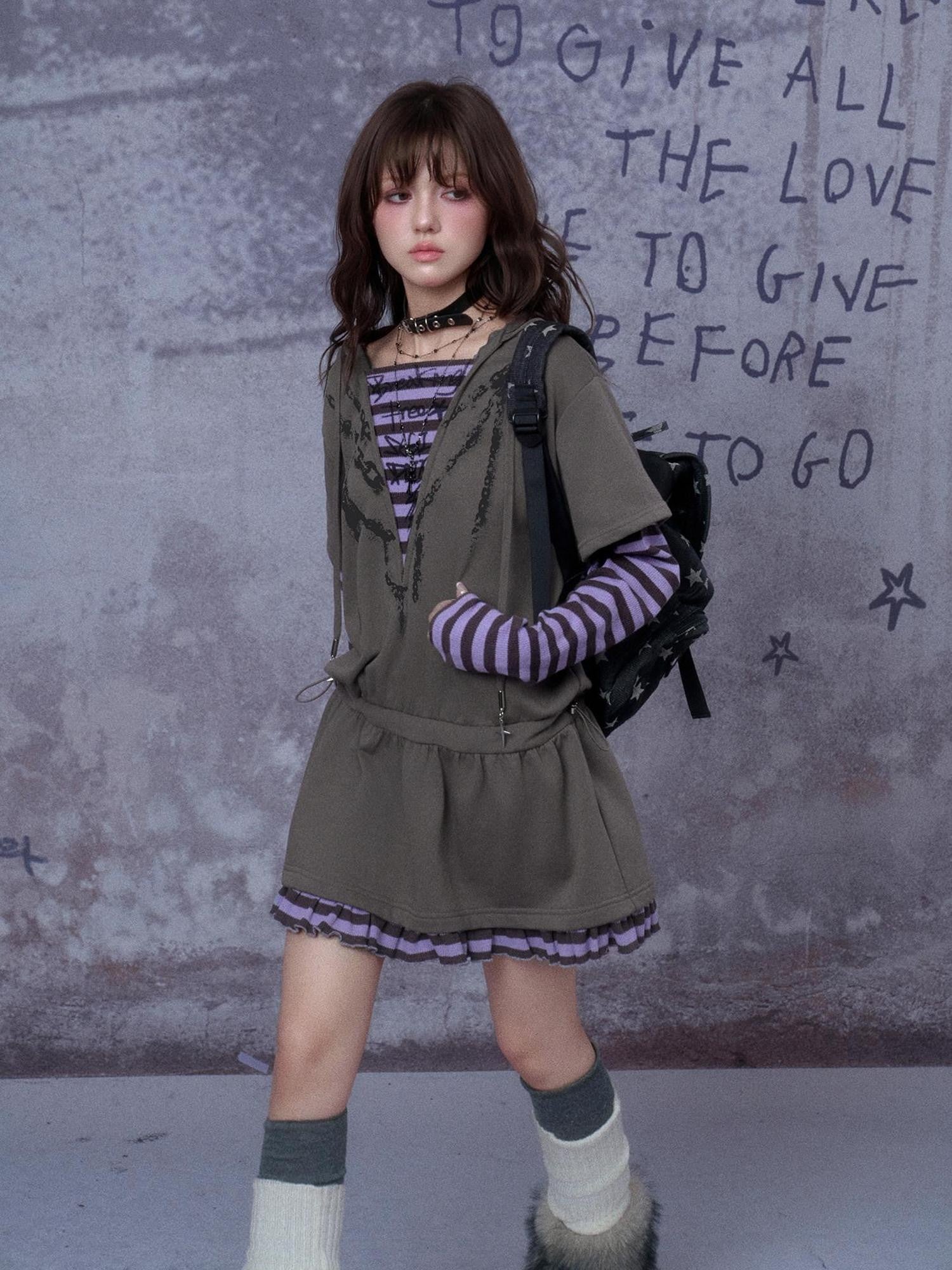 SagiDolls Grey Hooded Printed Faux Layered Women's Cotton Blend Casual Mini Dresses