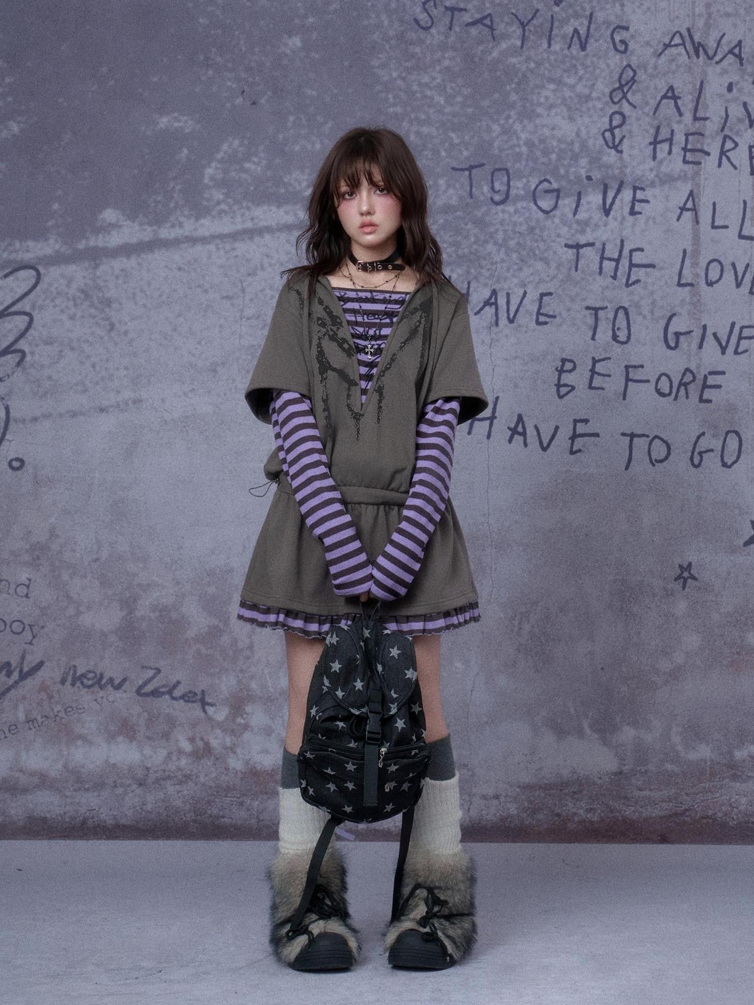 SagiDolls Grey Hooded Printed Faux Layered Women's Cotton Blend Casual Mini Dresses
