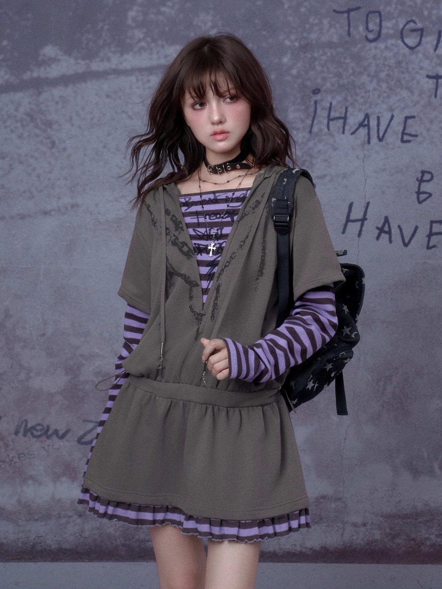 SagiDolls Grey Hooded Printed Faux Layered Women's Cotton Blend Casual Mini Dresses
