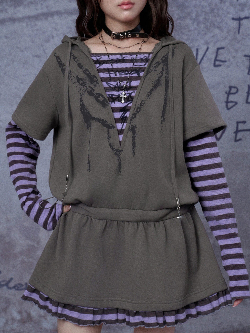SagiDolls Grey Hooded Printed Faux Layered Women's Cotton Blend Casual Mini Dresses