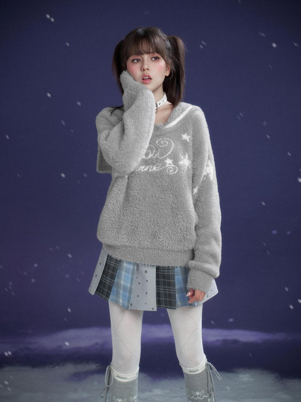 SagiDolls Grey Jacquard Sailor Collar Lettered Women's Nylon Viscose Blend Sweaters