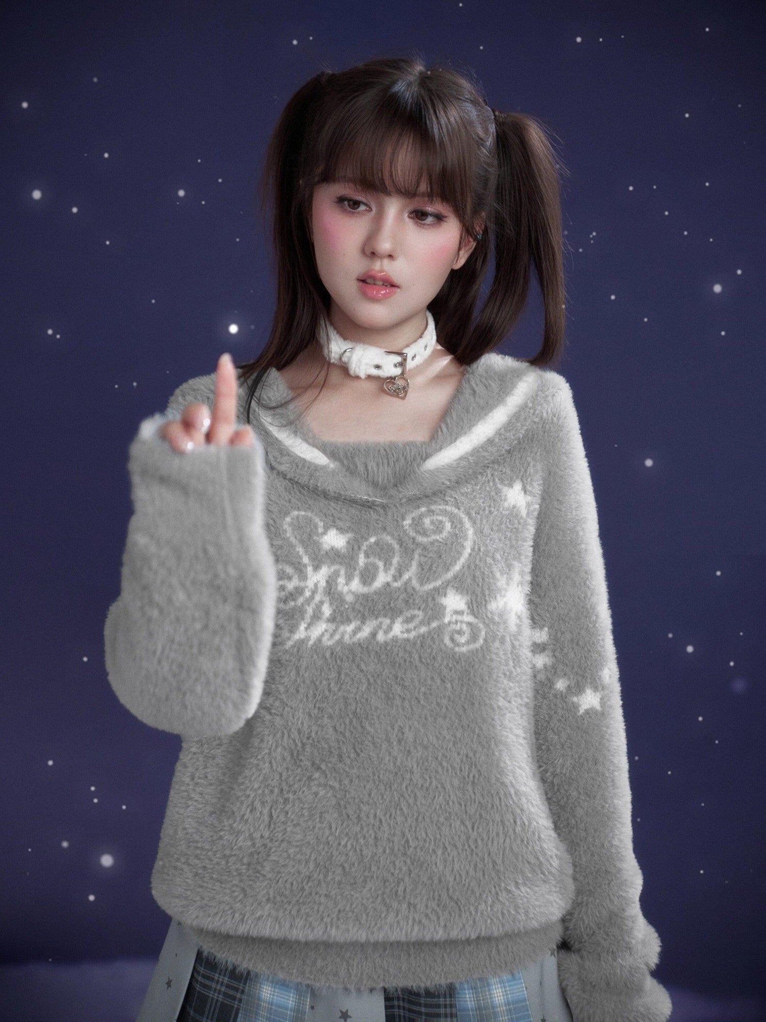 SagiDolls Grey Jacquard Sailor Collar Lettered Women's Nylon Viscose Blend Sweaters