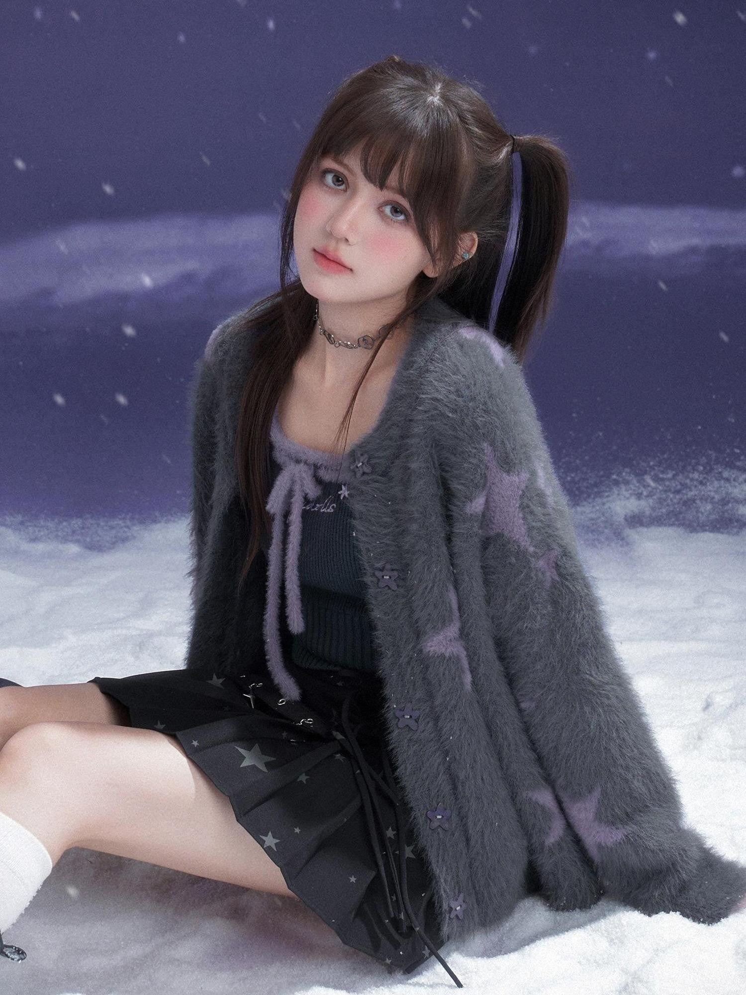 SagiDolls Grey Purple Star Button Front Women's Faux Mink Plush Cardigans