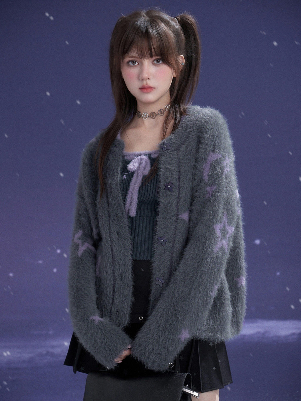 SagiDolls Grey Purple Star Button Front Women's Faux Mink Plush Cardigans
