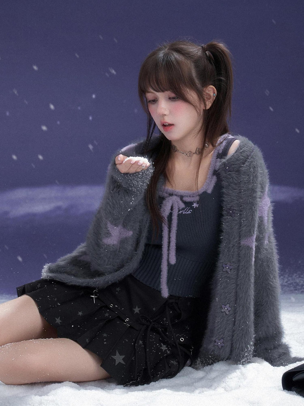 SagiDolls Grey Purple Star Button Front Women's Faux Mink Plush Cardigans