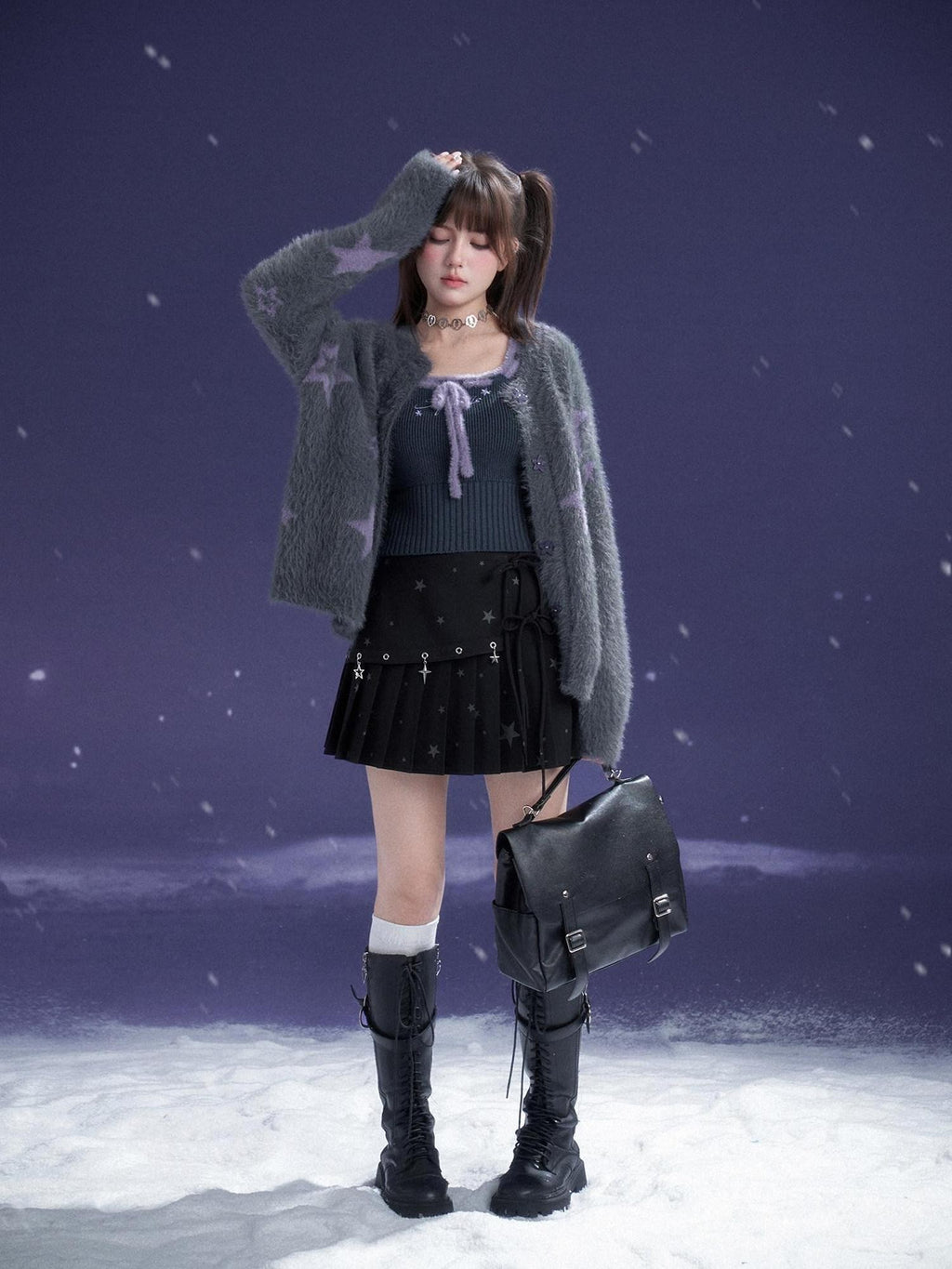 SagiDolls Grey Purple Star Button Front Women's Faux Mink Plush Cardigans