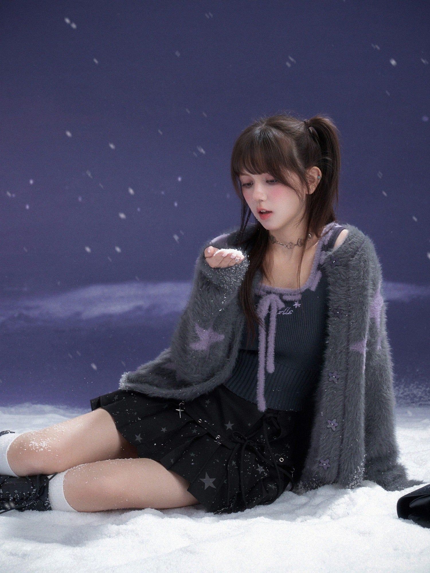 SagiDolls Grey Purple Star Button Front Women's Faux Mink Plush Cardigans