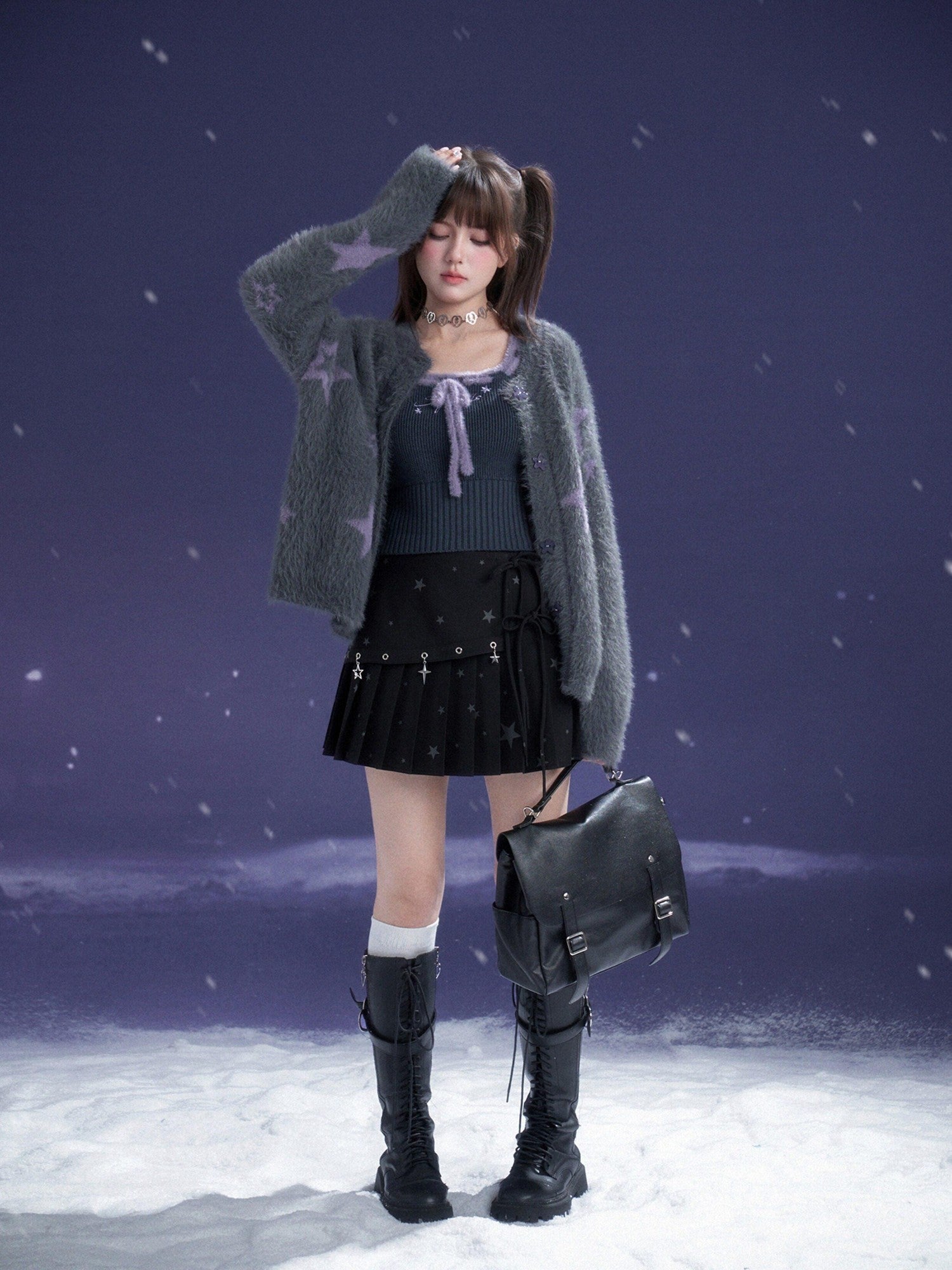 SagiDolls Grey Purple Star Button Front Women's Faux Mink Plush Cardigans