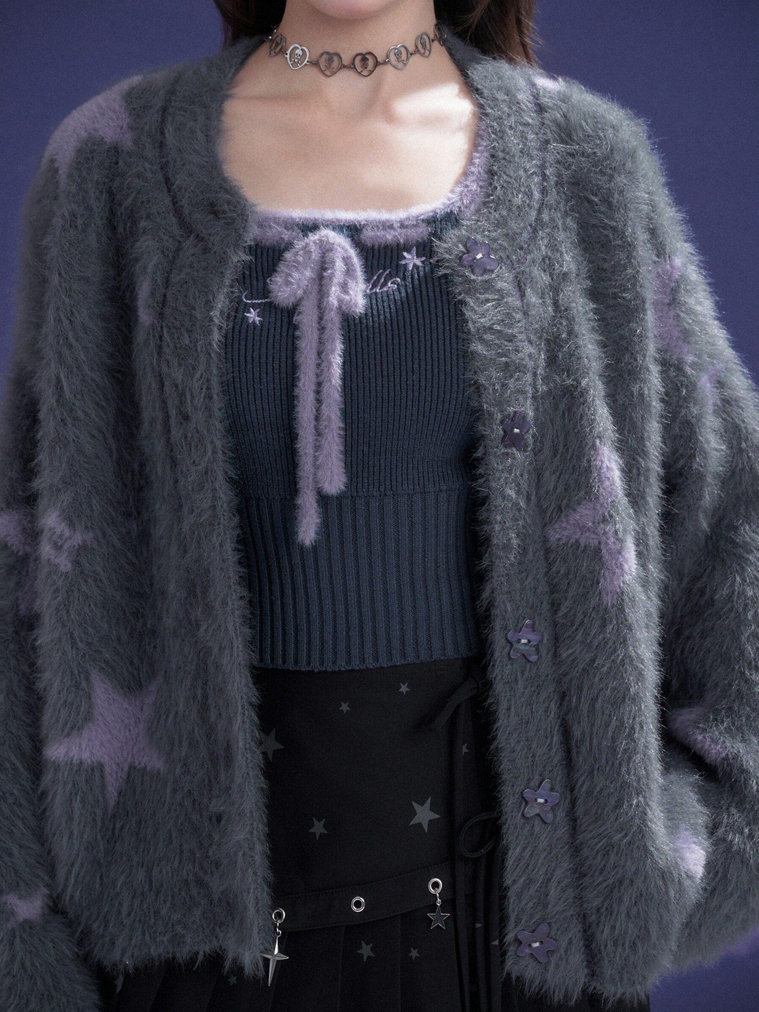 SagiDolls Grey Purple Star Button Front Women's Faux Mink Plush Cardigans