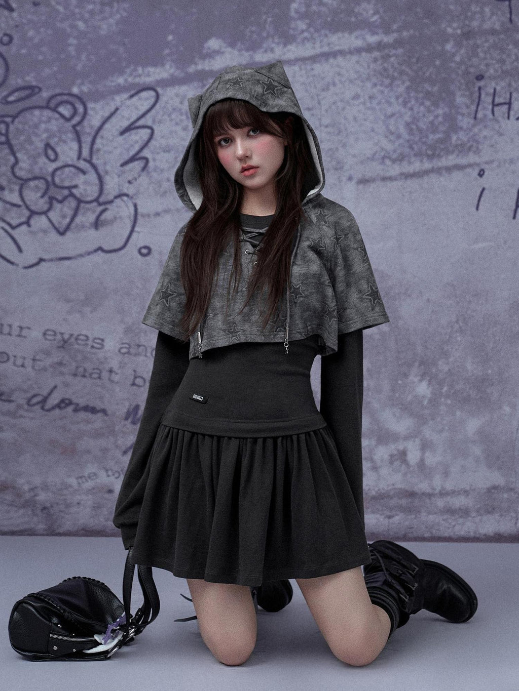 SagiDolls Grey Star Cat Ear Two Piece Slim Fit Women's Polyester Casual Midi Dresses
