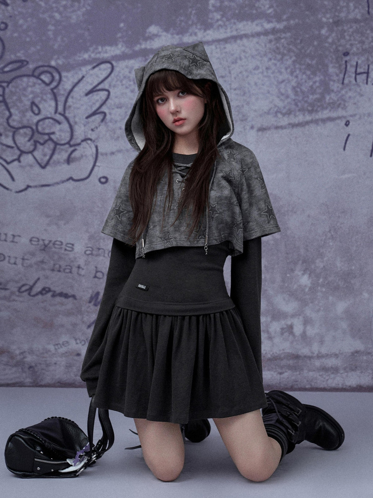 SagiDolls Grey Star Cat Ear Two Piece Slim Fit Women's Polyester Casual Midi Dresses