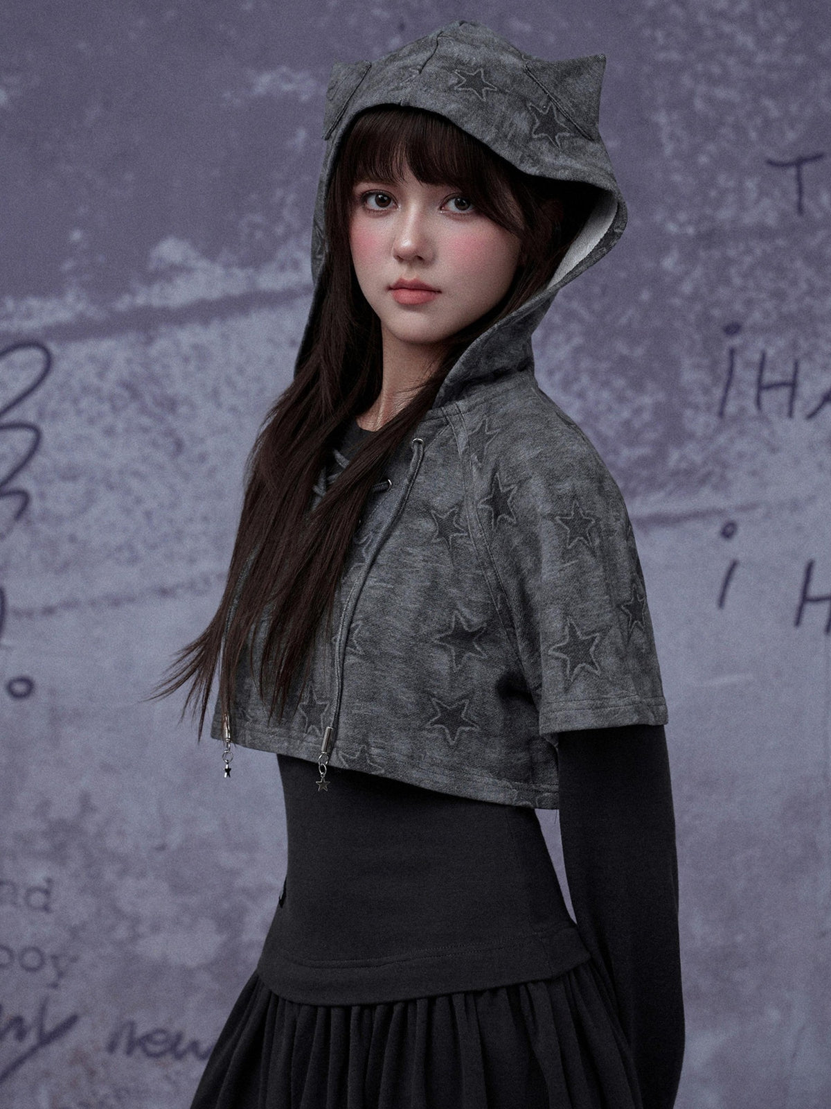 SagiDolls Grey Star Cat Ear Two Piece Slim Fit Women's Polyester Casual Midi Dresses