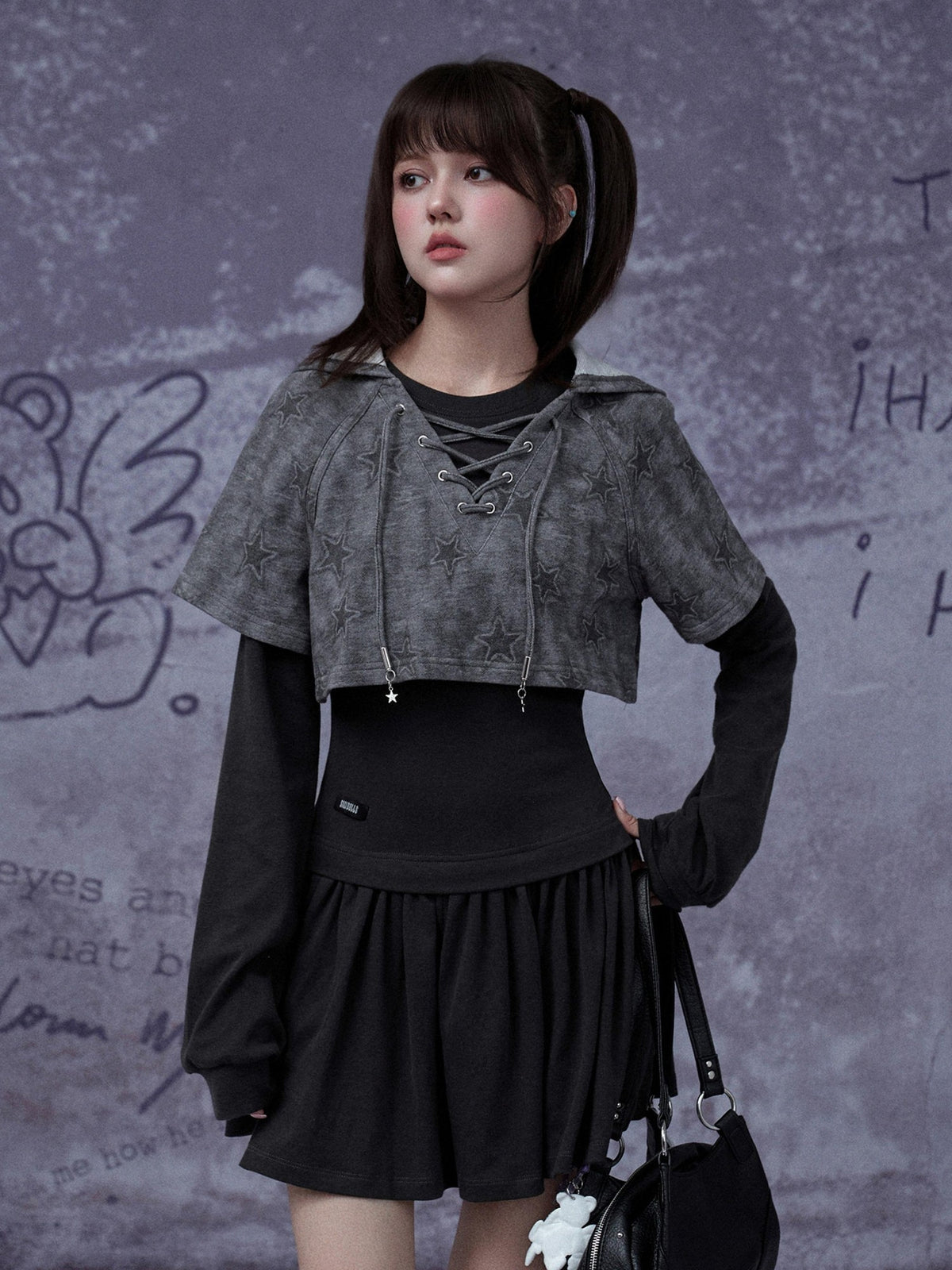 SagiDolls Grey Star Cat Ear Two Piece Slim Fit Women's Polyester Casual Midi Dresses