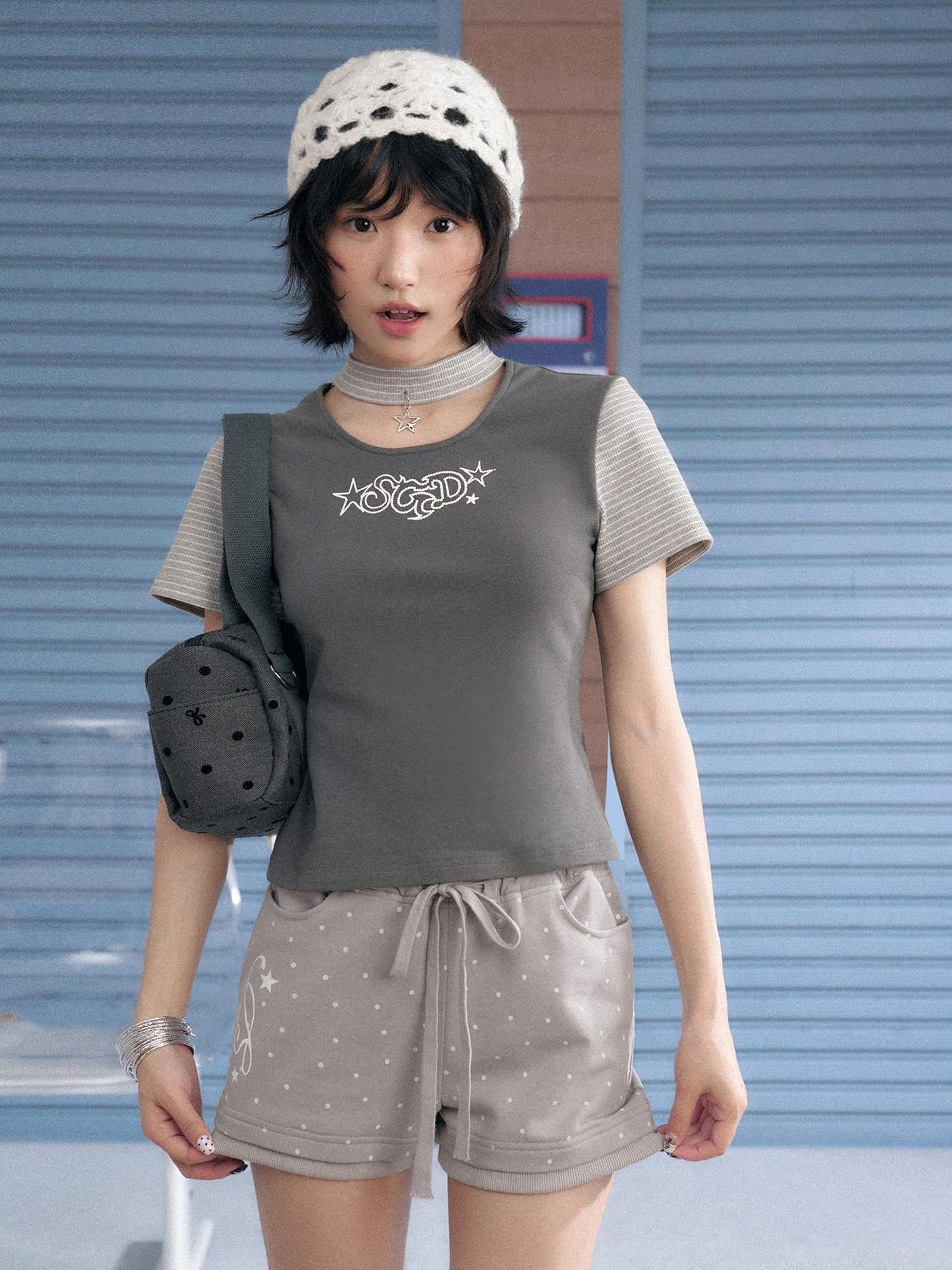 SagiDolls Grey Star Choker Raglan Print Women's Cotton Blend Short Sleeve T-shirts