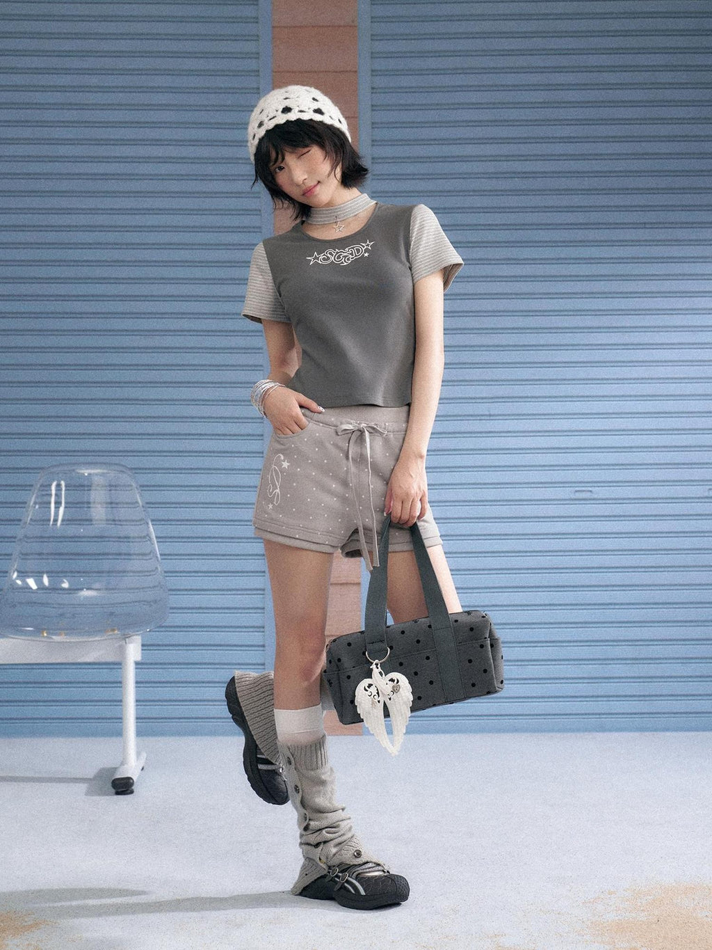 SagiDolls Grey Star Choker Raglan Print Women's Cotton Blend Short Sleeve T-shirts
