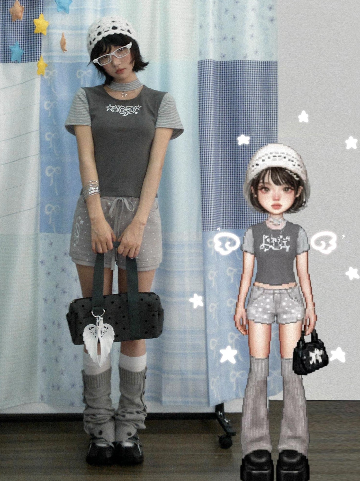 SagiDolls Grey Star Choker Raglan Print Women's Cotton Blend Short Sleeve T-shirts