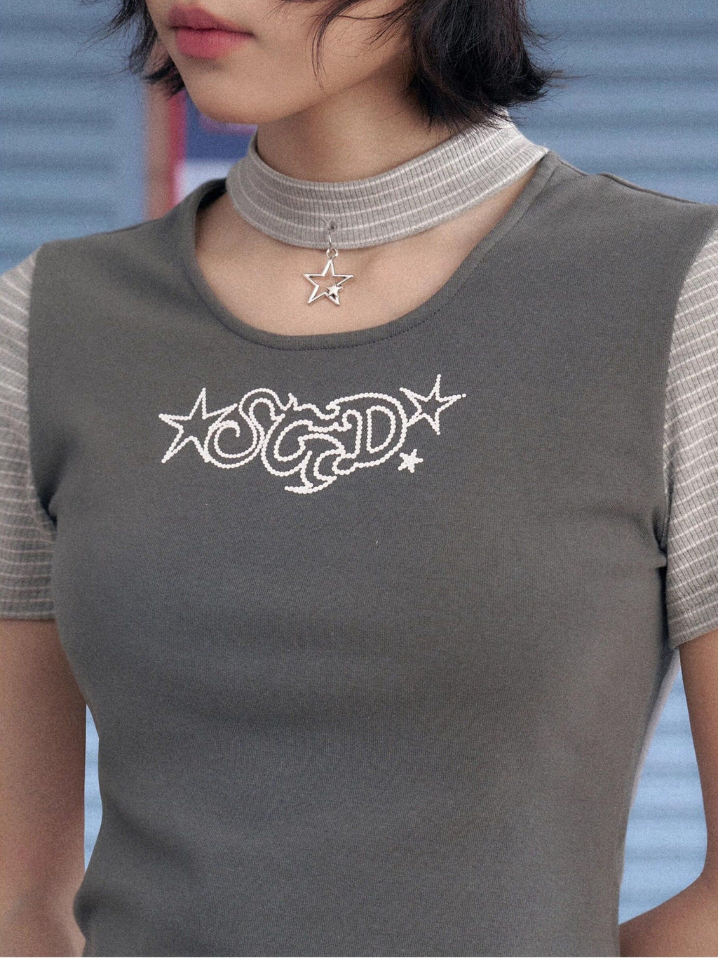 SagiDolls Grey Star Choker Raglan Print Women's Cotton Blend Short Sleeve T-shirts