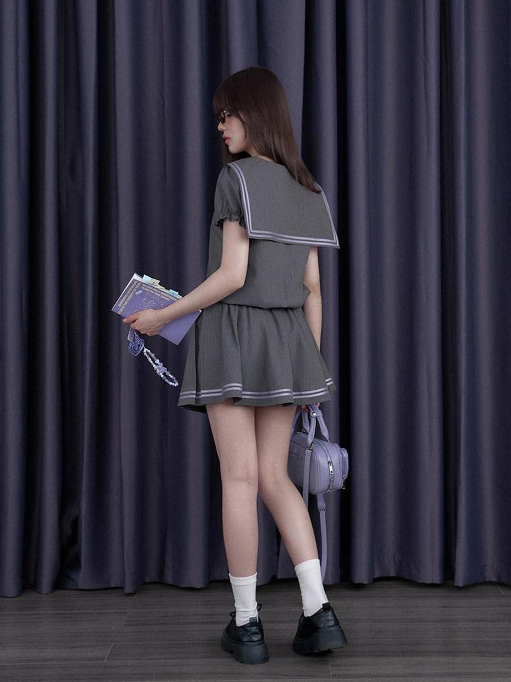 SagiDolls Grey Striped Sailor Pleated Puff Sleeve Women's Polyester Casual Mini Dresses