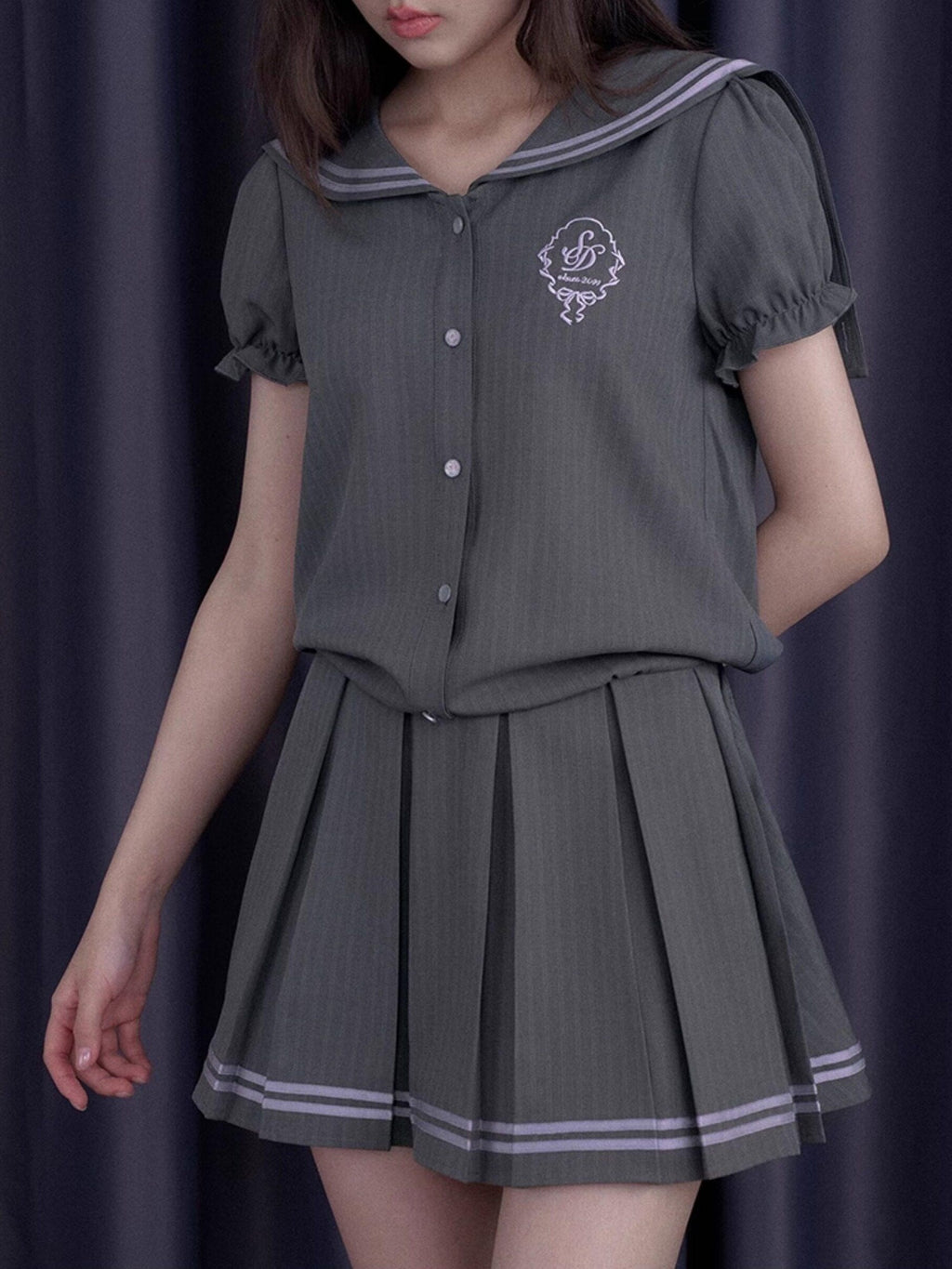 SagiDolls Grey Striped Sailor Pleated Puff Sleeve Women's Polyester Casual Mini Dresses