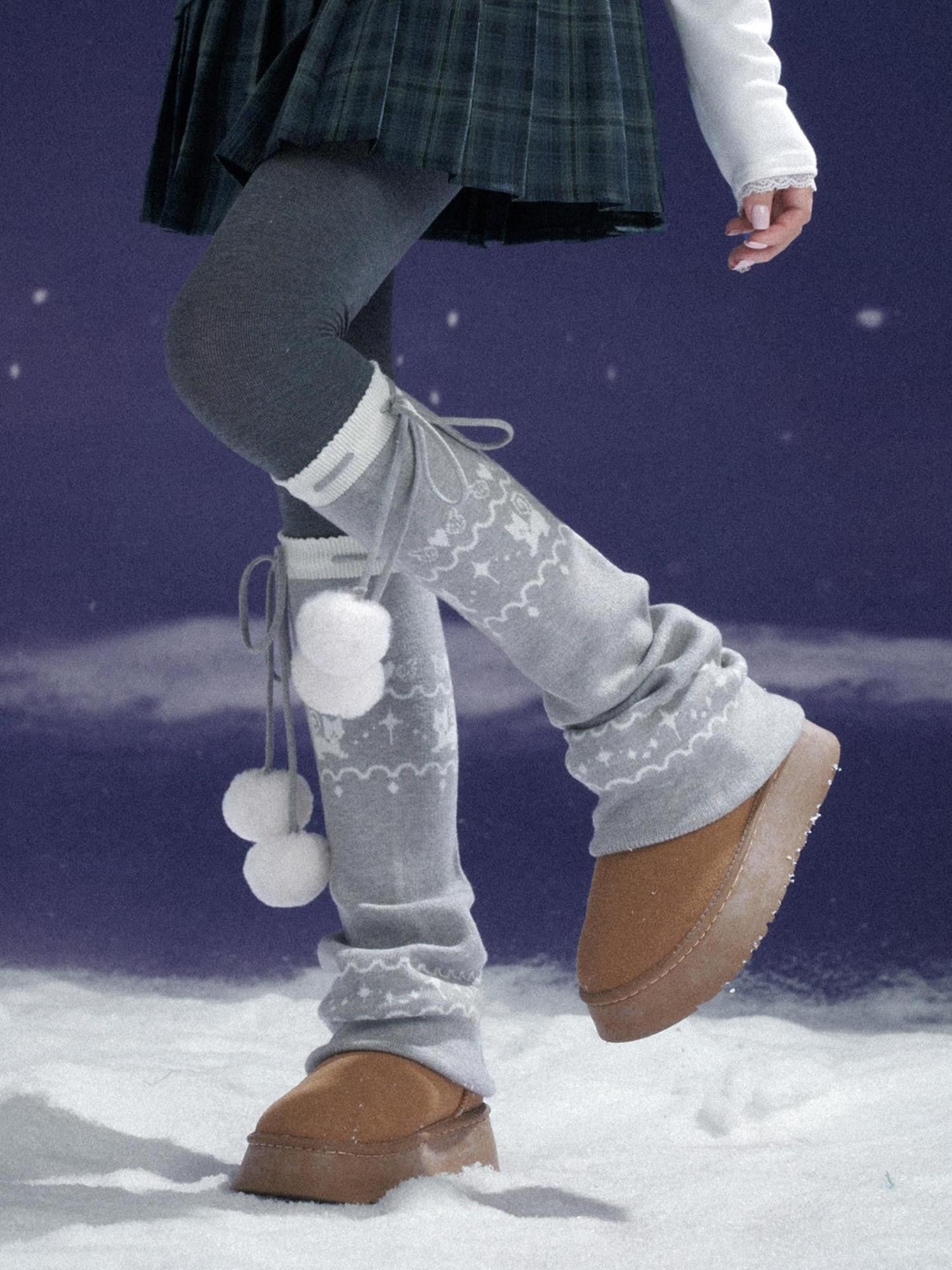 SagiDolls Heather Gray Jacquard Mid Calf Women's Thick Knit Thermal Leg Warmers