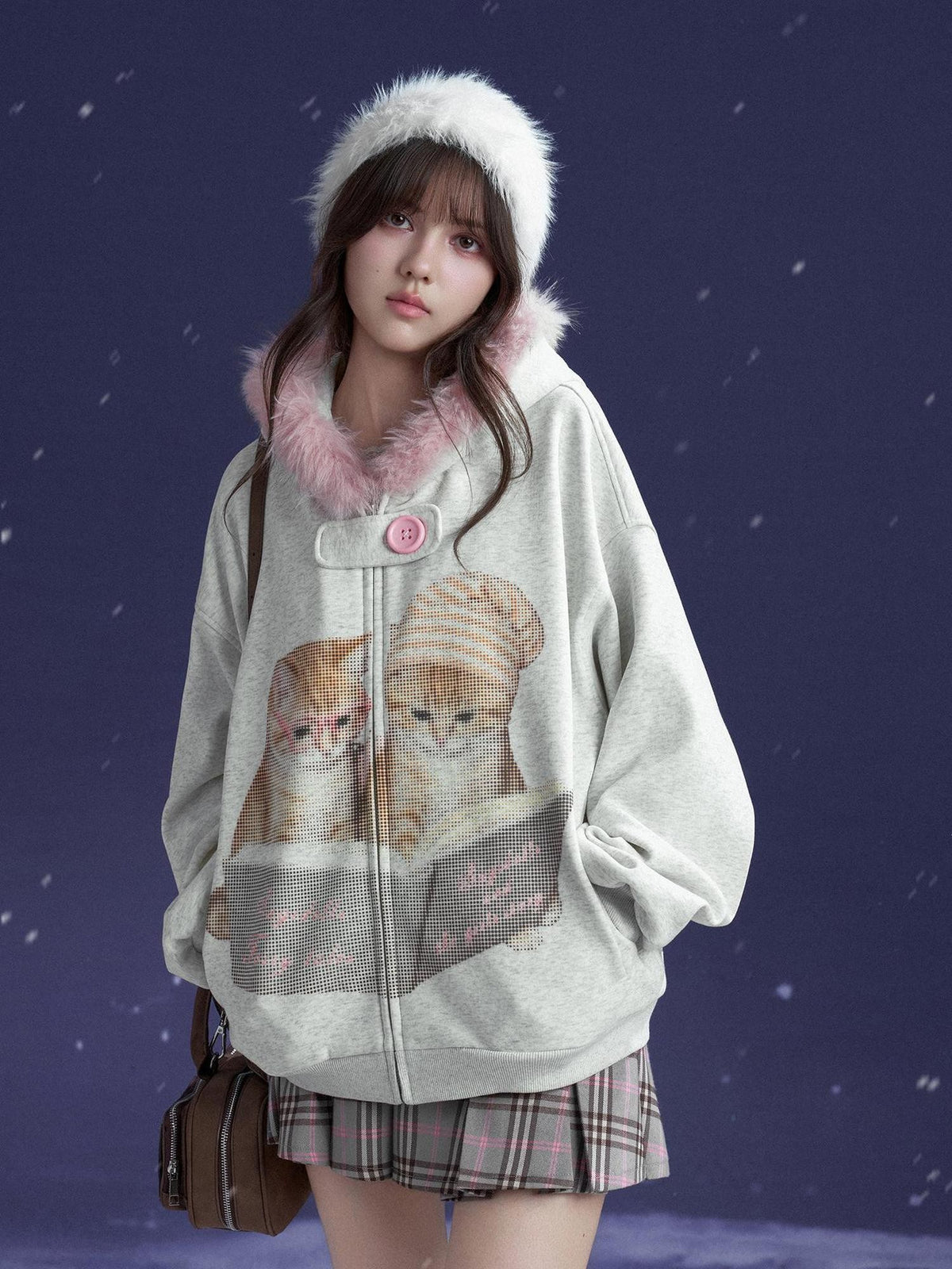SagiDolls Hooded Cat Print Loose Fit Long Sleeve Cotton Women's Puffer Jackets