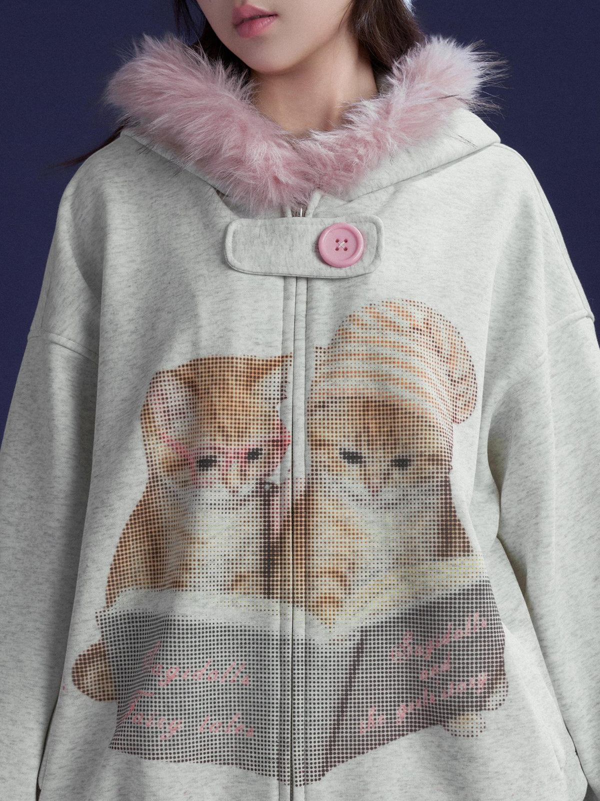 SagiDolls Hooded Cat Print Loose Fit Long Sleeve Cotton Women's Puffer Jackets