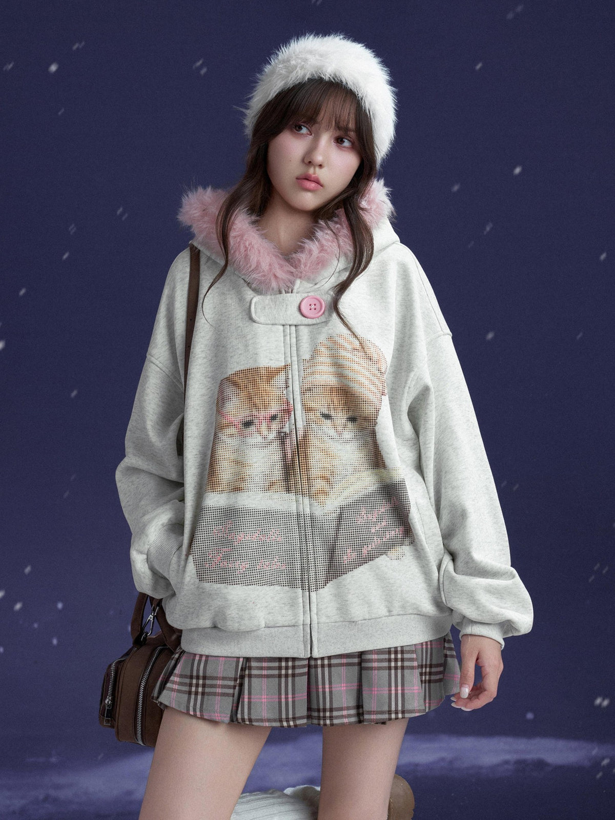 SagiDolls Hooded Cat Print Loose Fit Long Sleeve Cotton Women's Puffer Jackets
