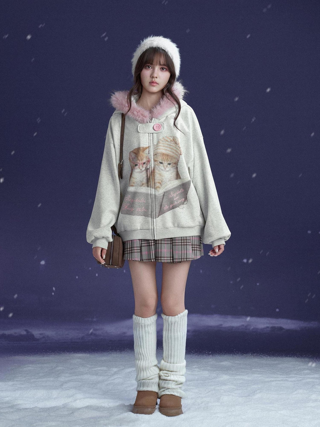SagiDolls Hooded Cat Print Loose Fit Long Sleeve Cotton Women's Puffer Jackets