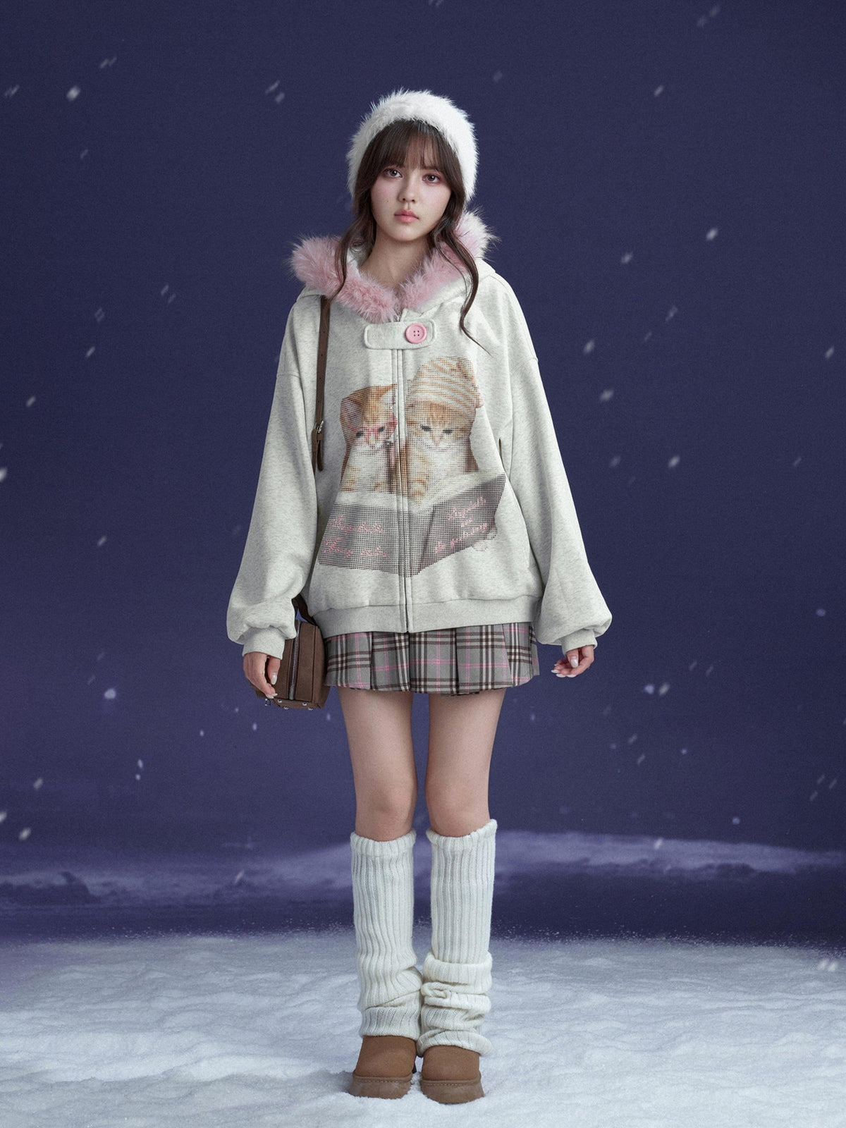 SagiDolls Hooded Cat Print Loose Fit Long Sleeve Cotton Women's Puffer Jackets