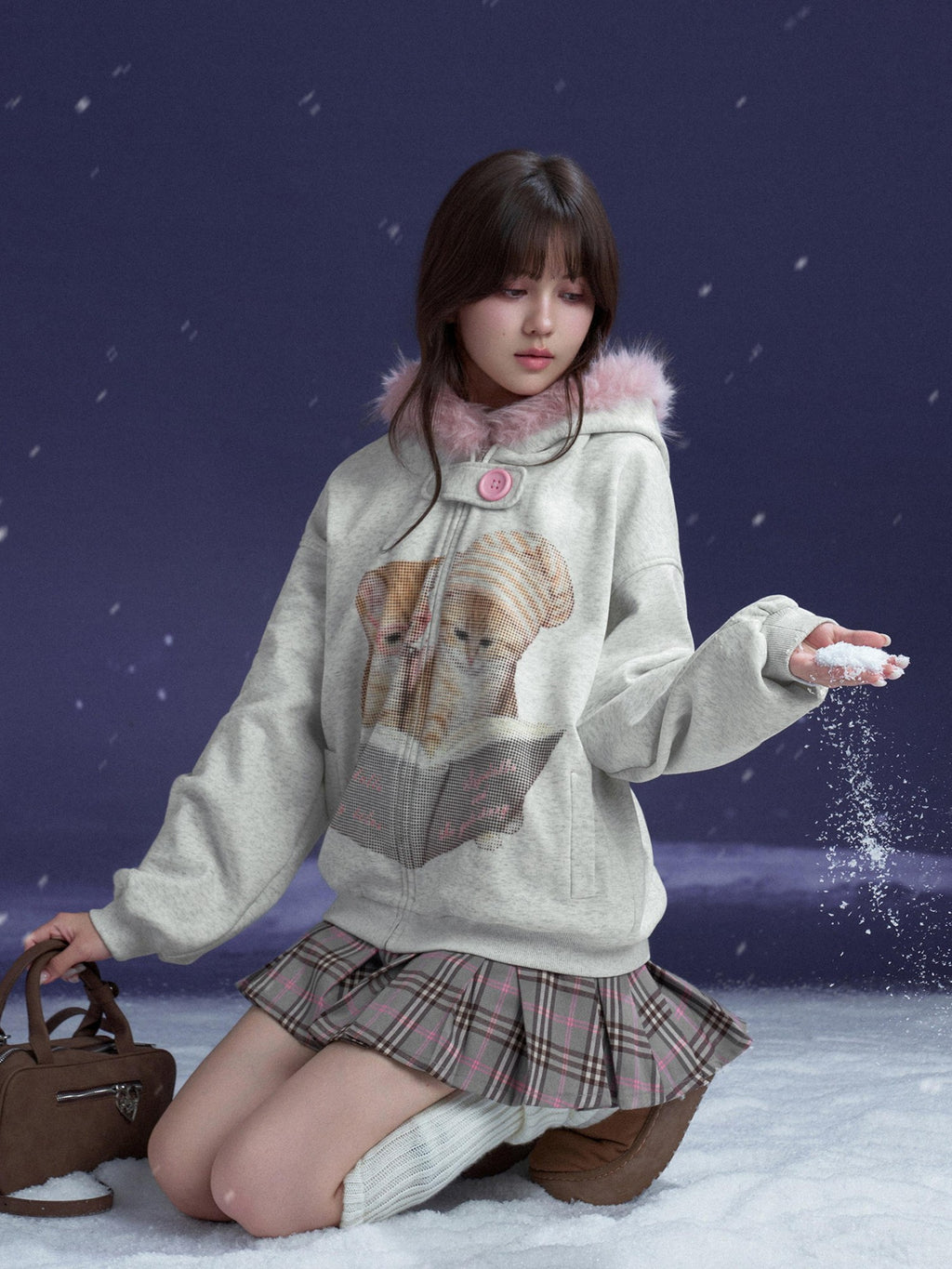 SagiDolls Hooded Cat Print Loose Fit Long Sleeve Cotton Women's Puffer Jackets