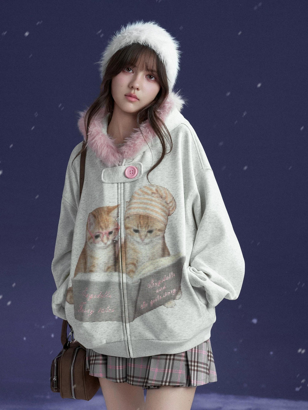 SagiDolls Hooded Cat Print Loose Fit Long Sleeve Cotton Women's Puffer Jackets