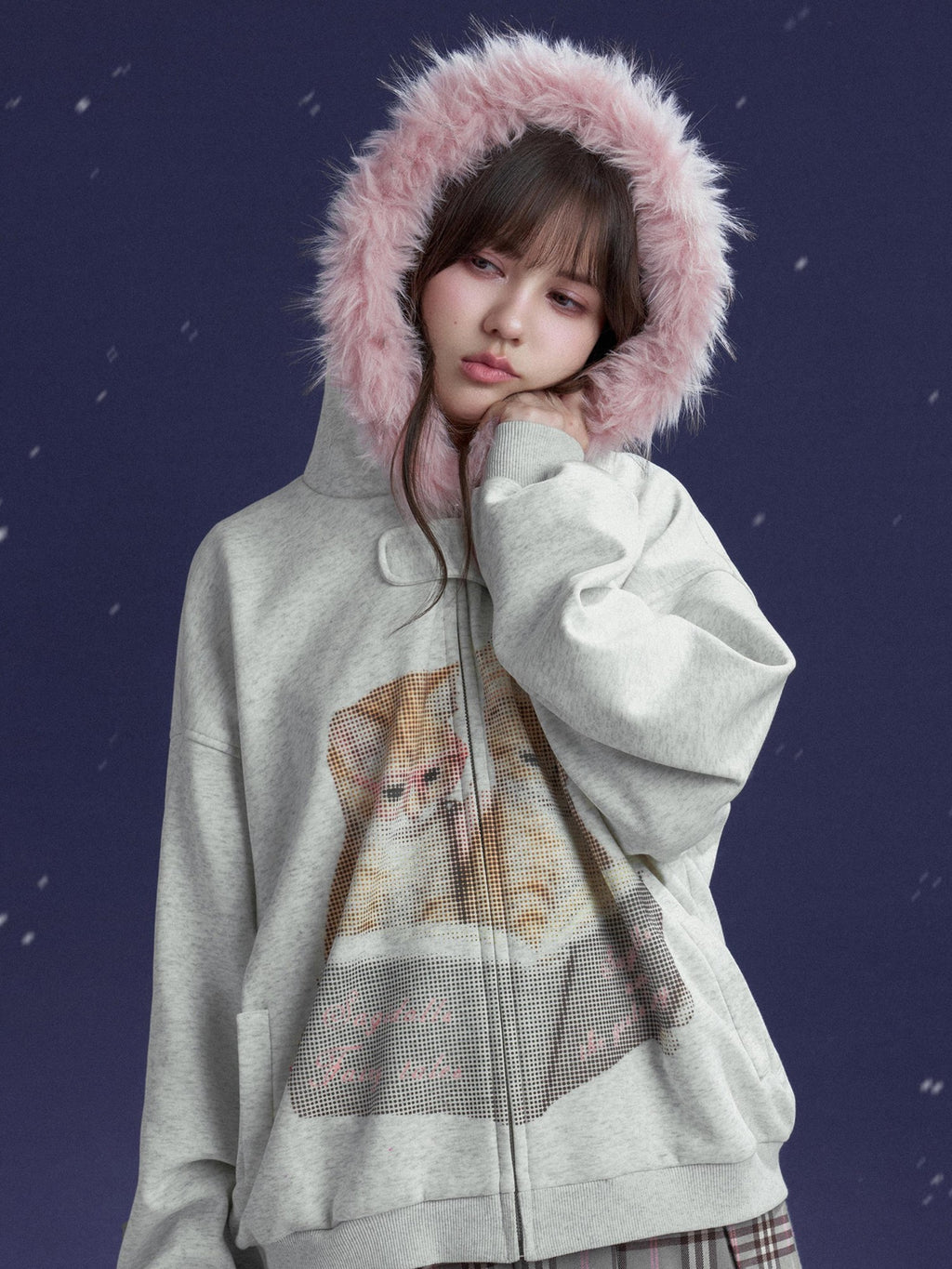 SagiDolls Hooded Cat Print Loose Fit Long Sleeve Cotton Women's Puffer Jackets