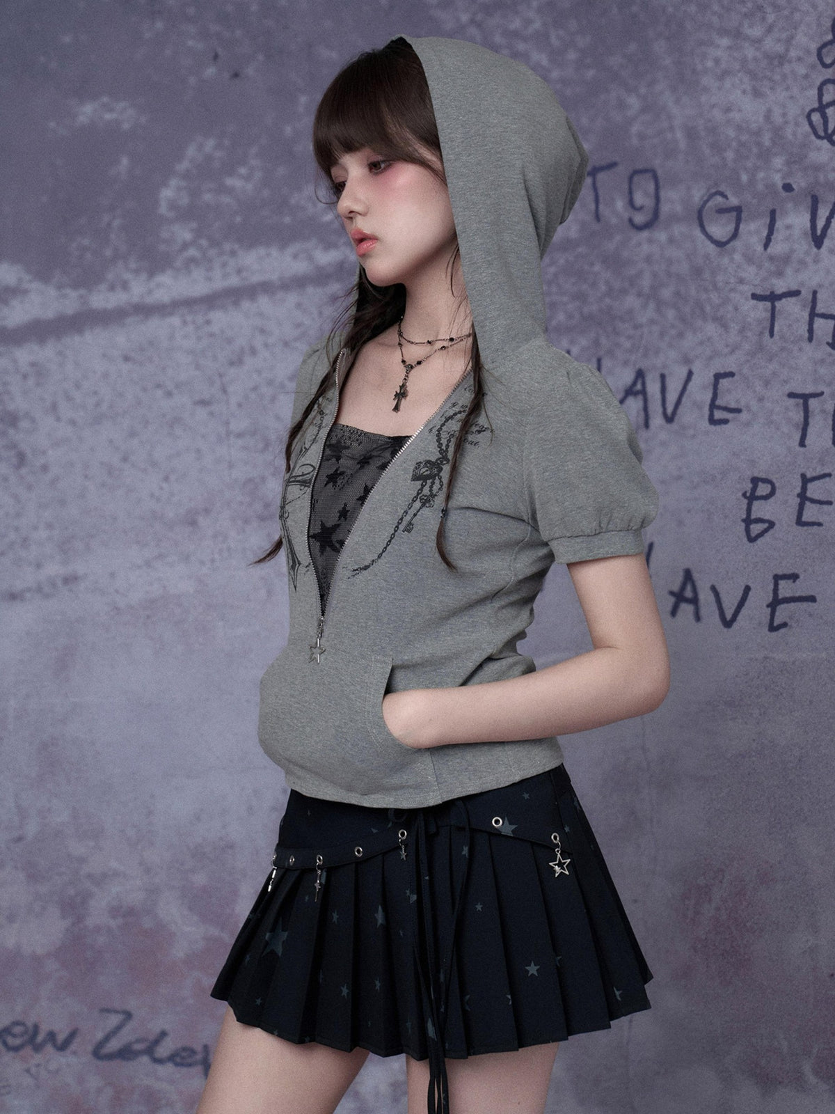 SagiDolls Hooded Cross Print Lace Puff Sleeve Layered Look Women's Cotton Short Sleeve T-shirts