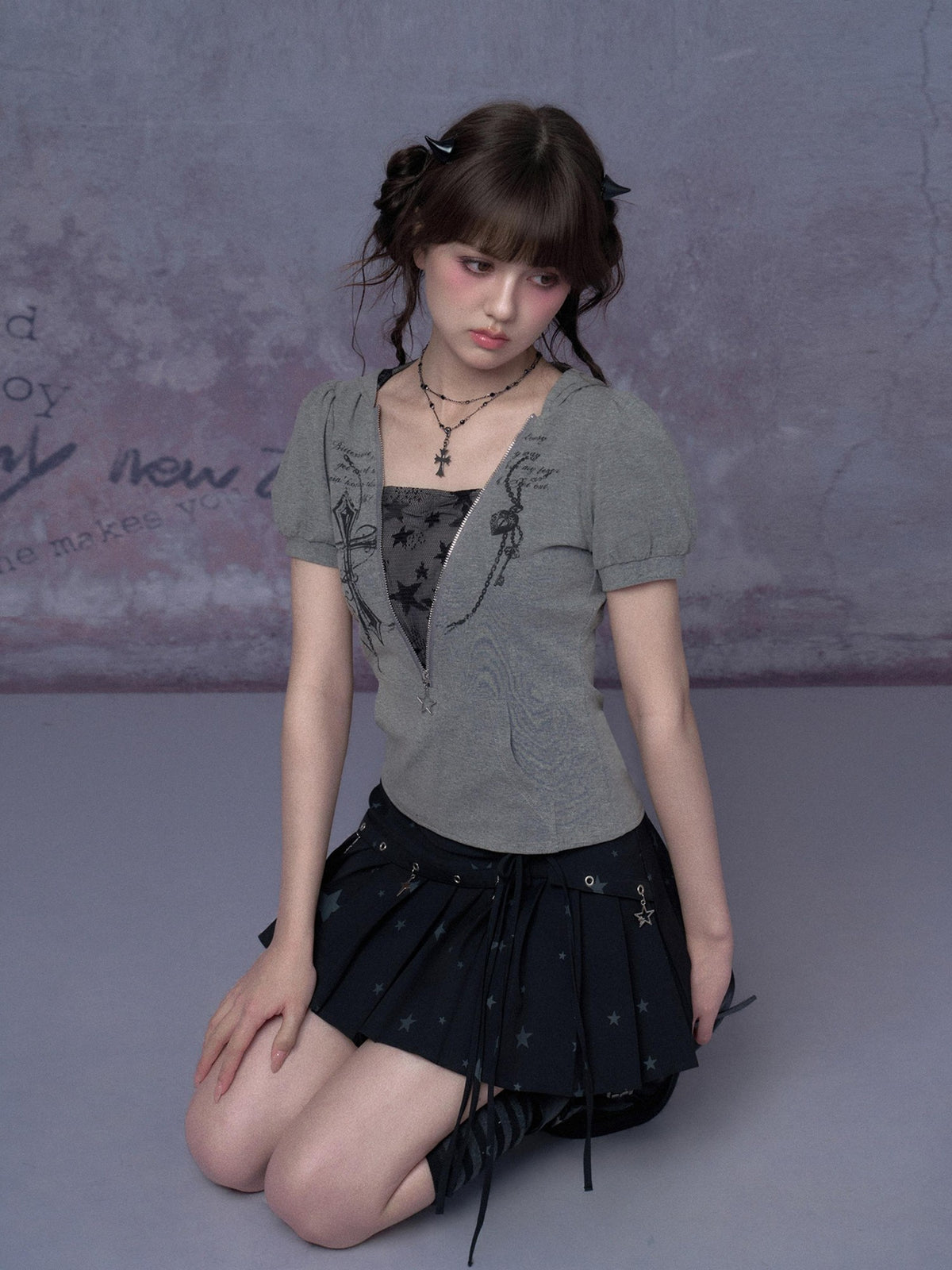 SagiDolls Hooded Cross Print Lace Puff Sleeve Layered Look Women's Cotton Short Sleeve T-shirts