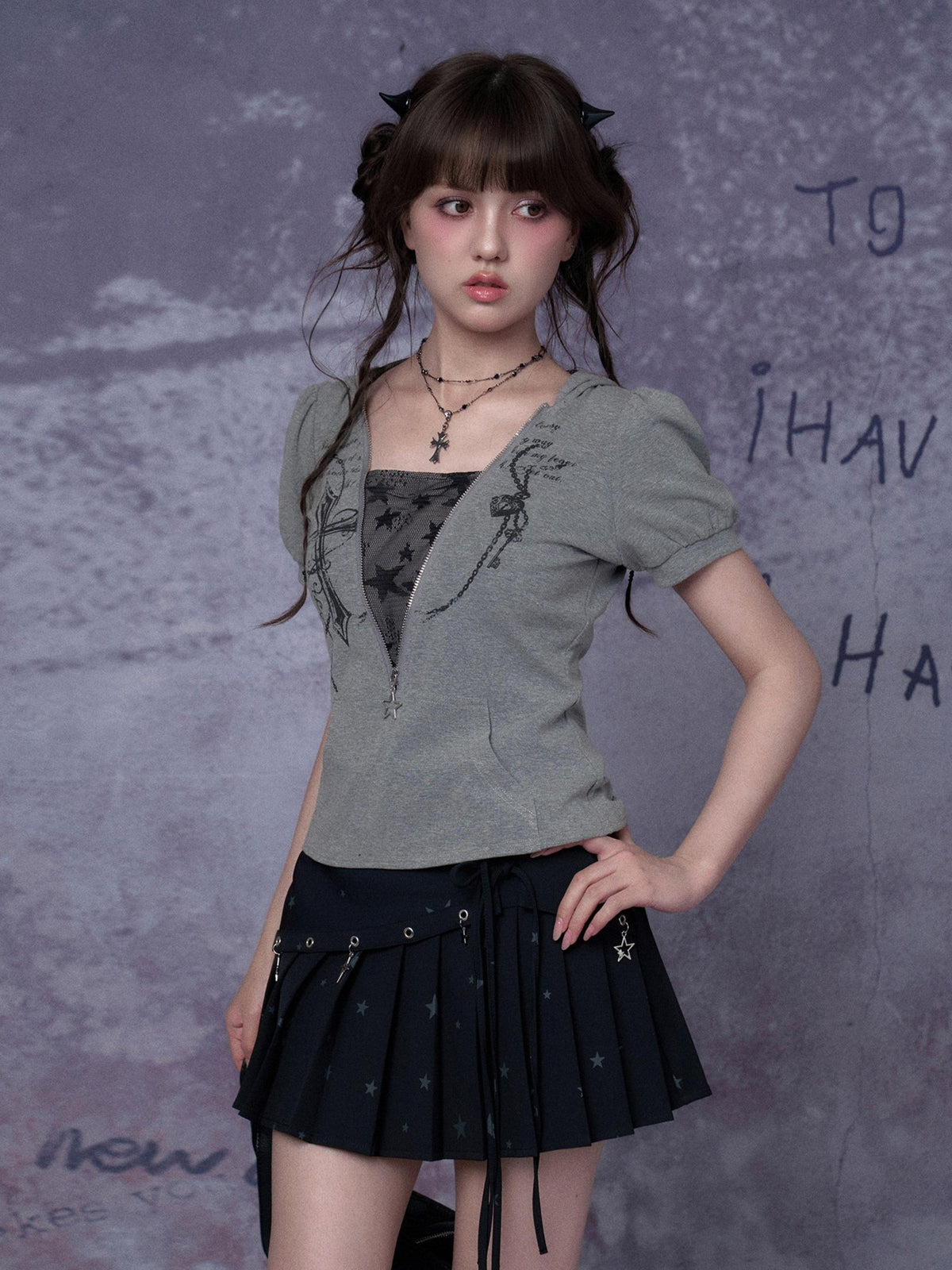 SagiDolls Hooded Cross Print Lace Puff Sleeve Layered Look Women's Cotton Short Sleeve T-shirts