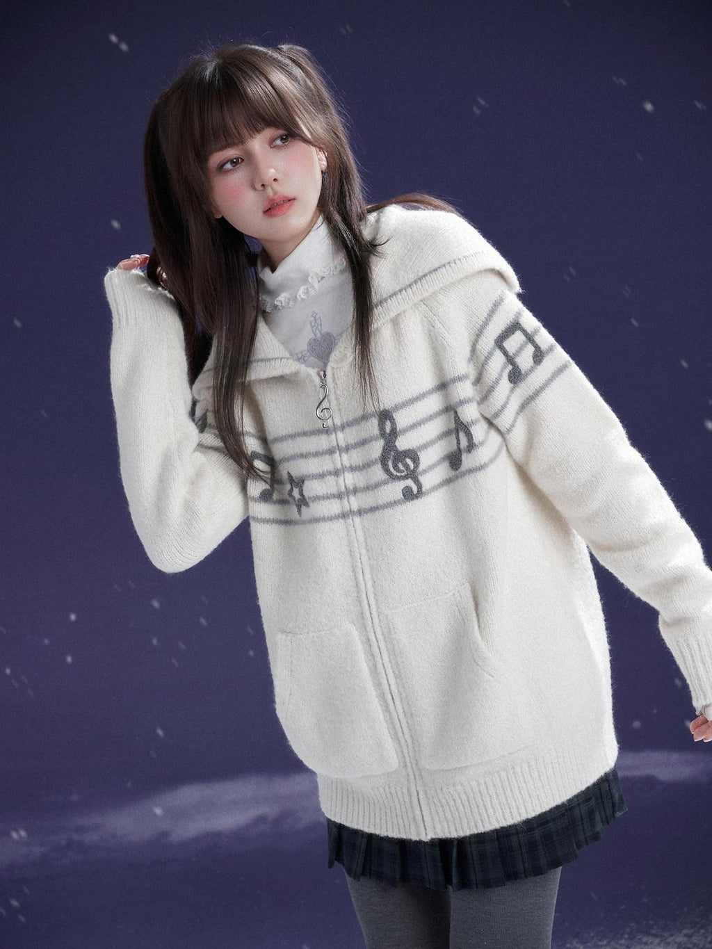 SagiDolls Ivory Embroidered Sailor Collar Zip Raglan Chunky Knit Women's Acrylic Sweaters