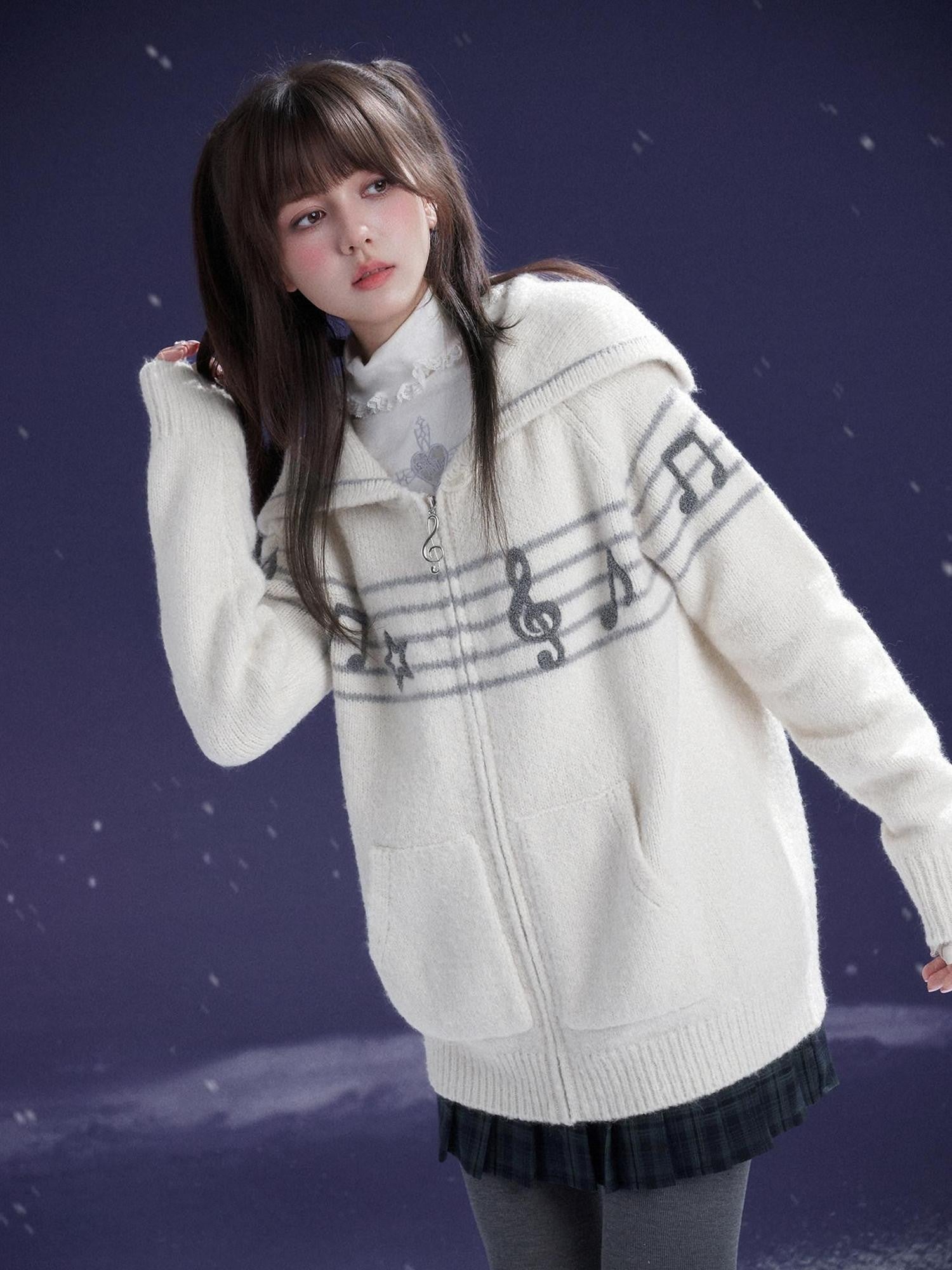 SagiDolls Ivory Embroidered Sailor Collar Zip Raglan Chunky Knit Women's Acrylic Sweaters