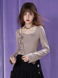 SagiDolls Khaki Tie Layered Square Neck Slim Bell Sleeve Women's Long Sleeve T-shirts