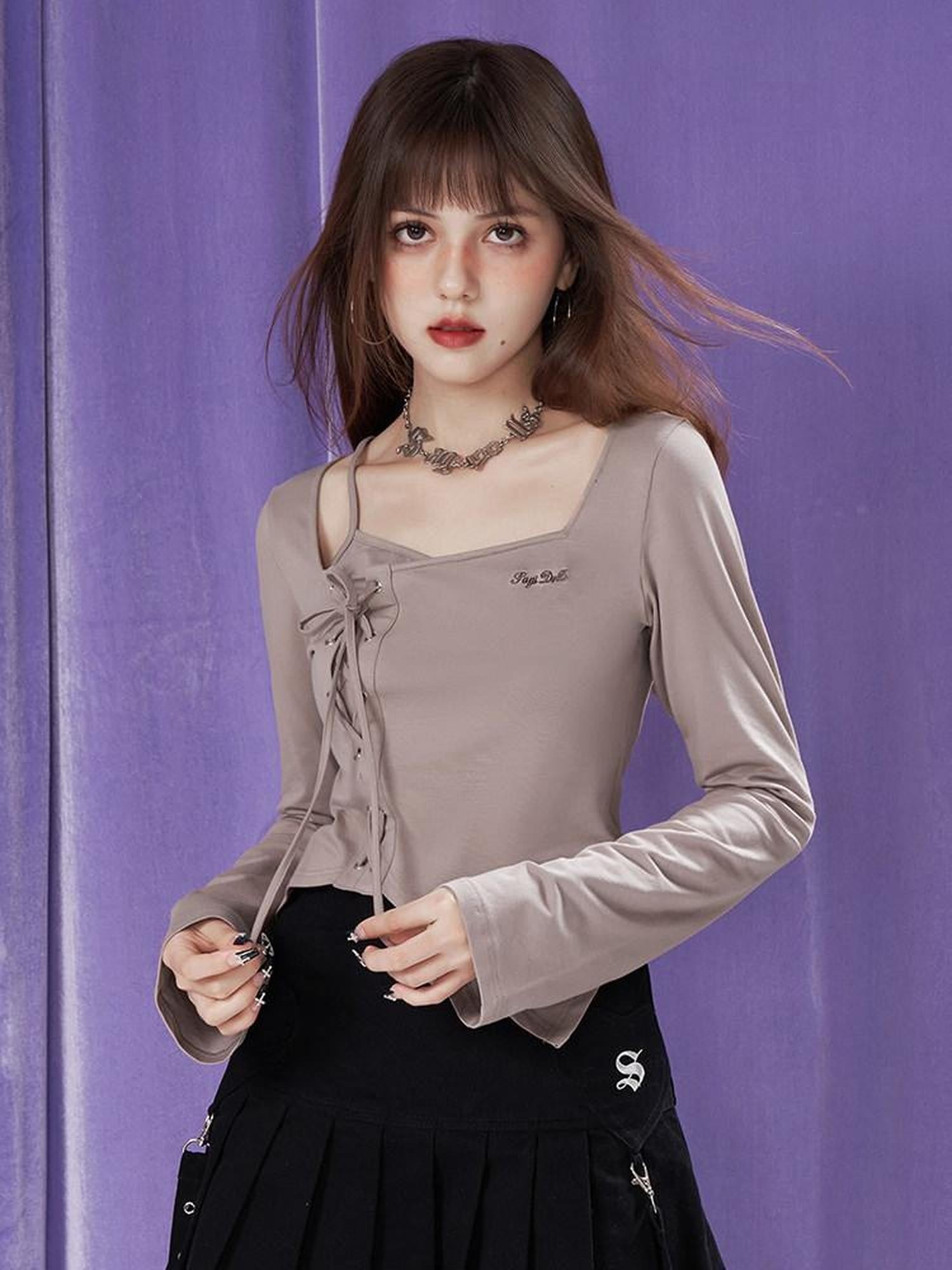 SagiDolls Khaki Tie Layered Square Neck Slim Bell Sleeve Women's Long Sleeve T-shirts