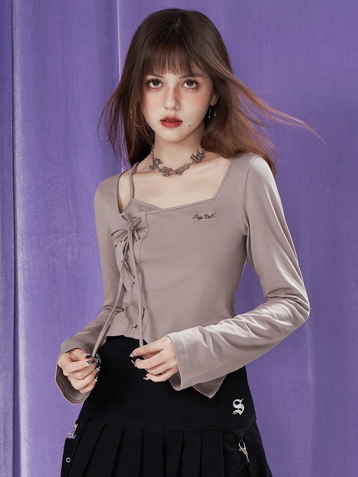 SagiDolls Khaki Tie Layered Square Neck Slim Bell Sleeve Women's Long Sleeve T-shirts
