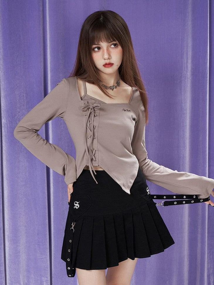 SagiDolls Khaki Tie Layered Square Neck Slim Bell Sleeve Women's Long Sleeve T-shirts