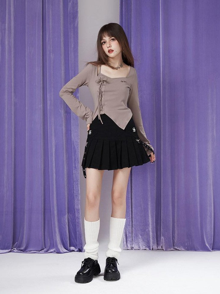 SagiDolls Khaki Tie Layered Square Neck Slim Bell Sleeve Women's Long Sleeve T-shirts