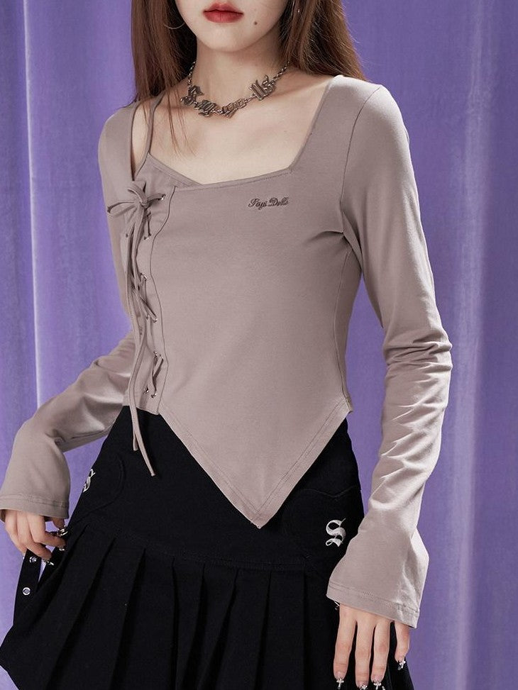 SagiDolls Khaki Tie Layered Square Neck Slim Bell Sleeve Women's Long Sleeve T-shirts