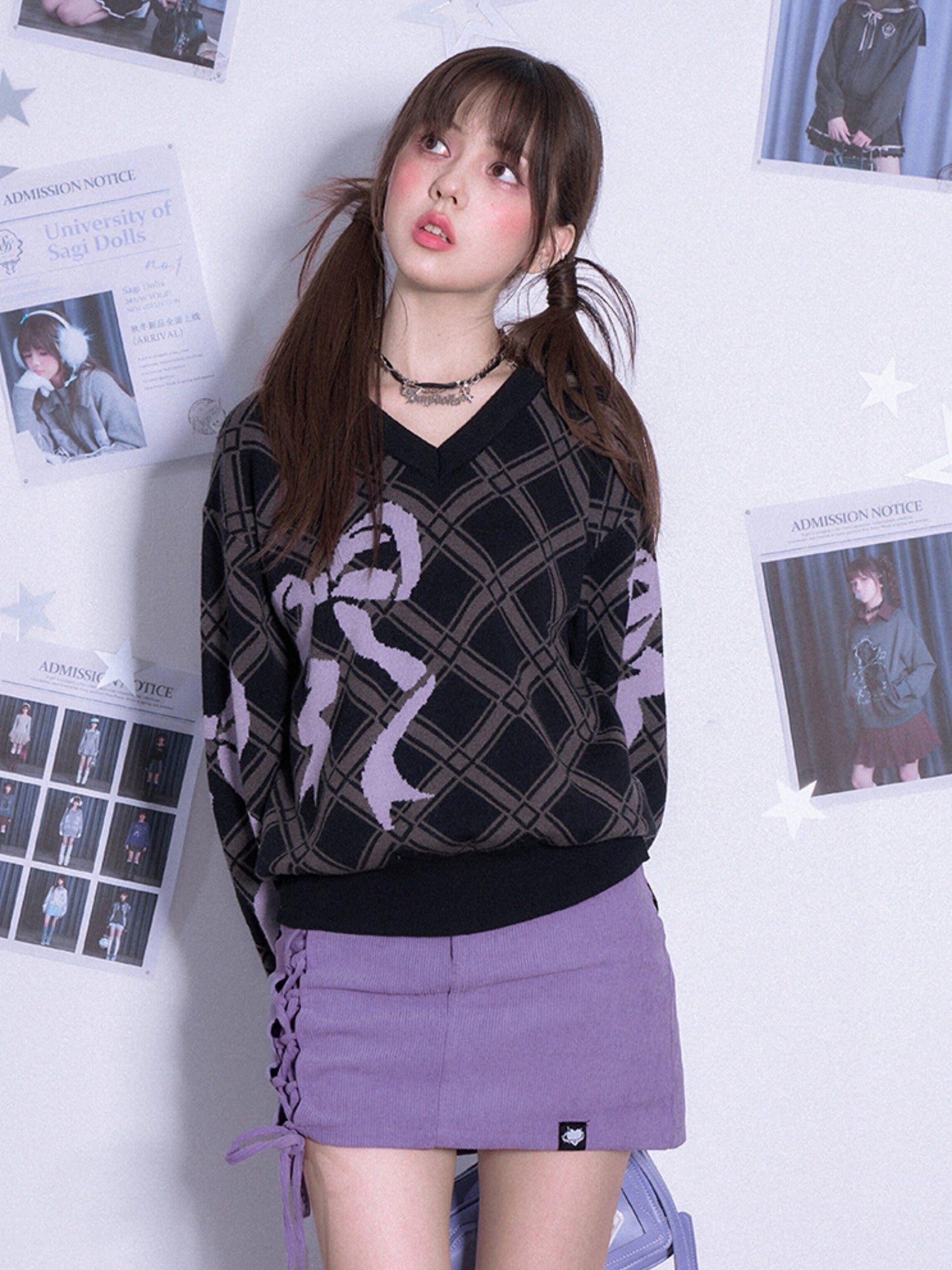 SagiDolls Large Bow Plaid V-neck Jacquard Loose Slimming Women's Knit Sweaters