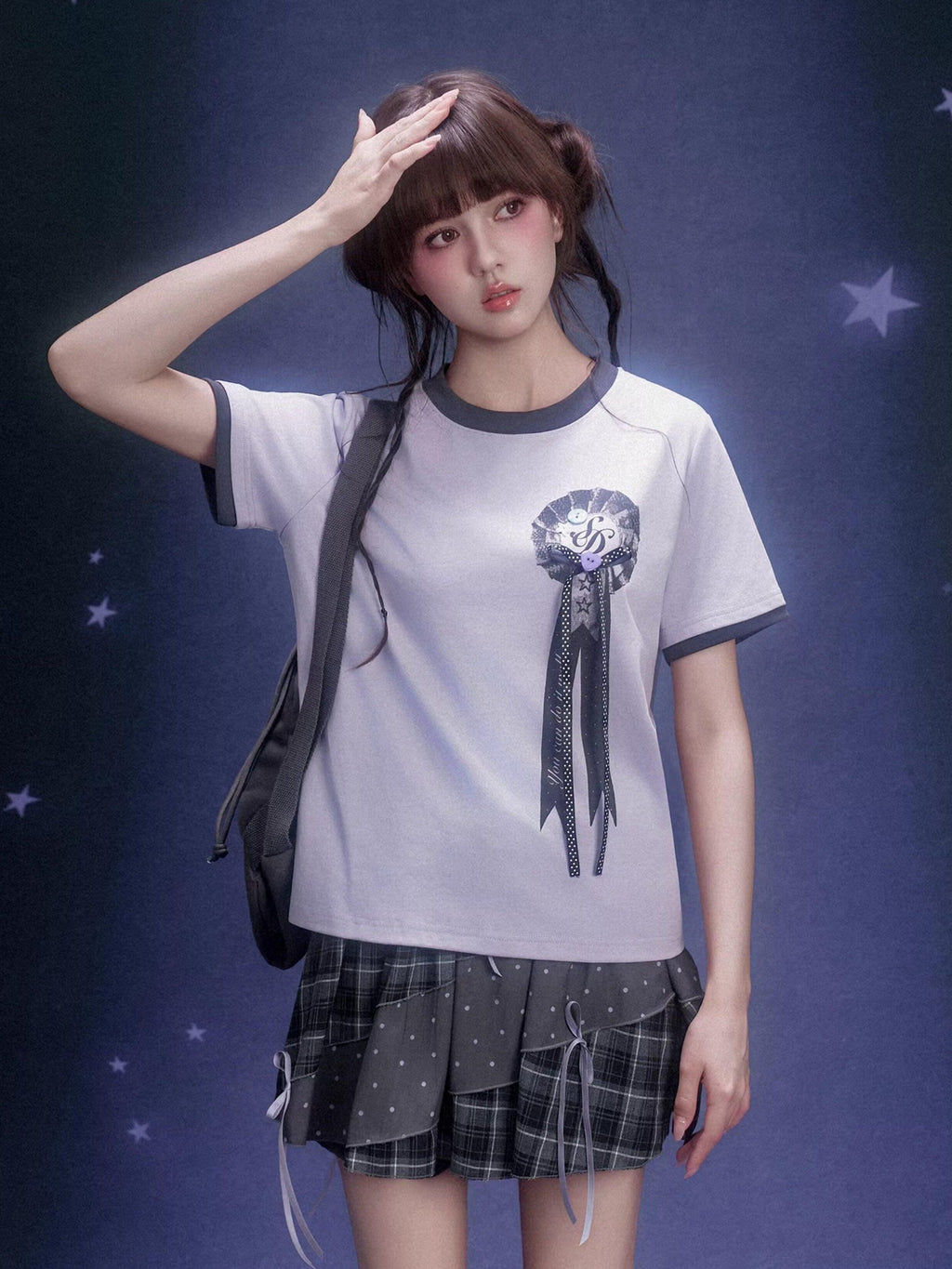 SagiDolls Lavender Floral Chest Ribbon Print Loose Women's Cotton Short Sleeve T-shirts