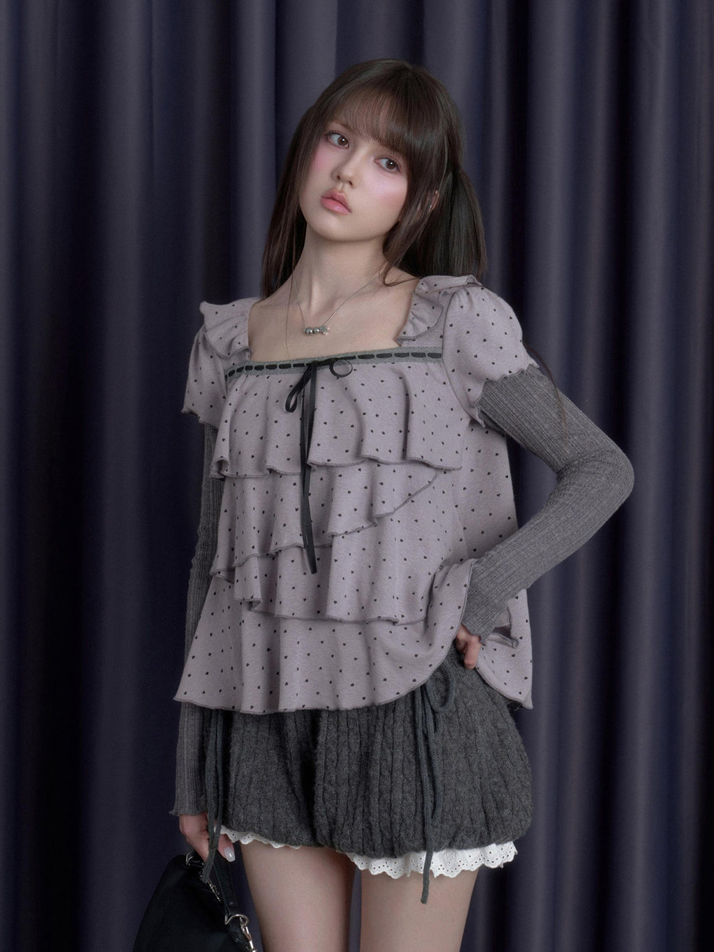 SagiDolls Layered Puff Sleeve Heart Print Faux Two Piece Square Neck Women's Cotton Long Sleeve T-shirts