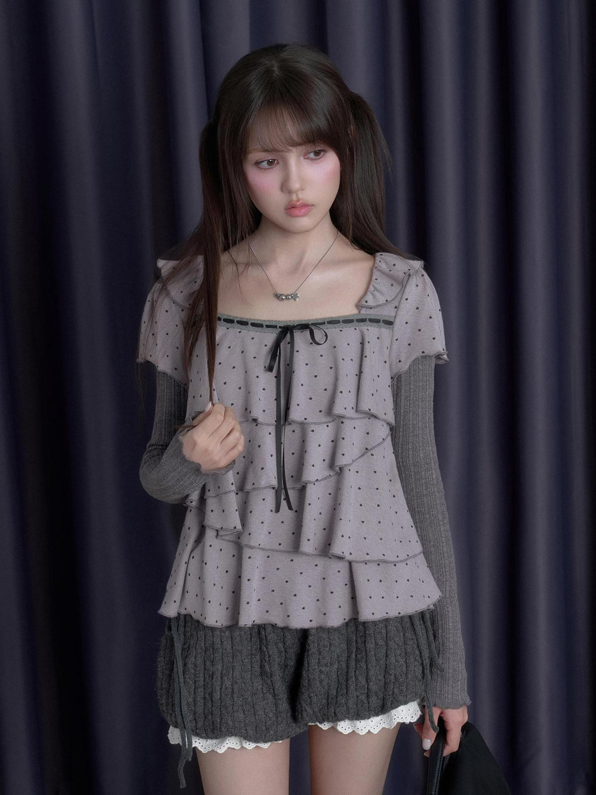 SagiDolls Layered Puff Sleeve Heart Print Faux Two Piece Square Neck Women's Cotton Long Sleeve T-shirts
