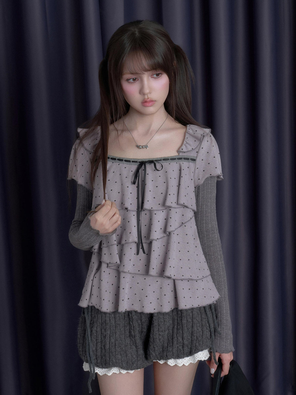 SagiDolls Layered Puff Sleeve Heart Print Faux Two Piece Square Neck Women's Cotton Long Sleeve T-shirts